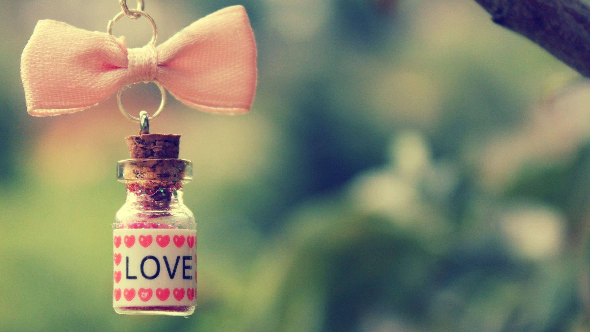 Cute Love Little Bottle, pink bow, tiny glass bottle, Full HD Desktop Wallpaper