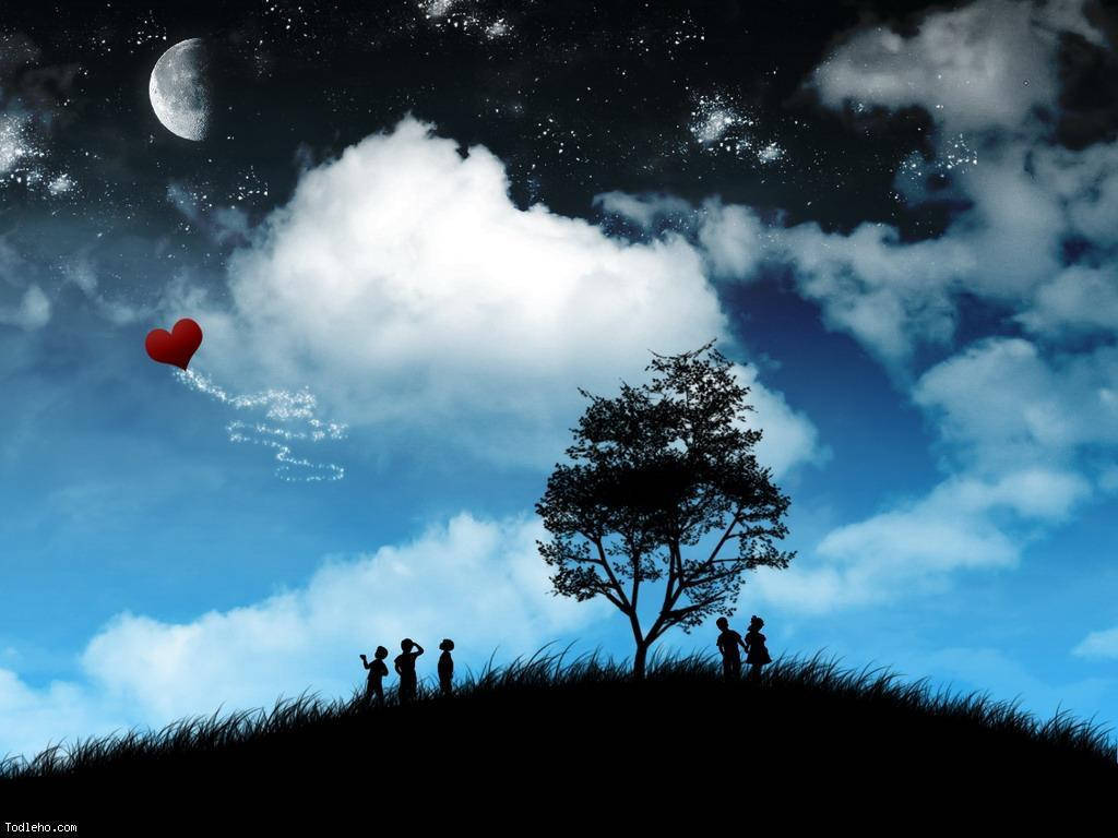 Cute Love, heart-shaped balloon, starry night sky, SD Desktop Wallpaper