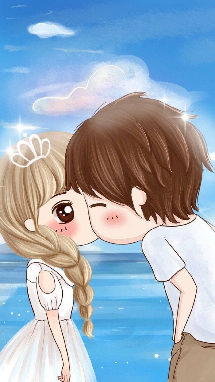 cute anime couple, tender kiss, ocean, SD Phone Wallpaper