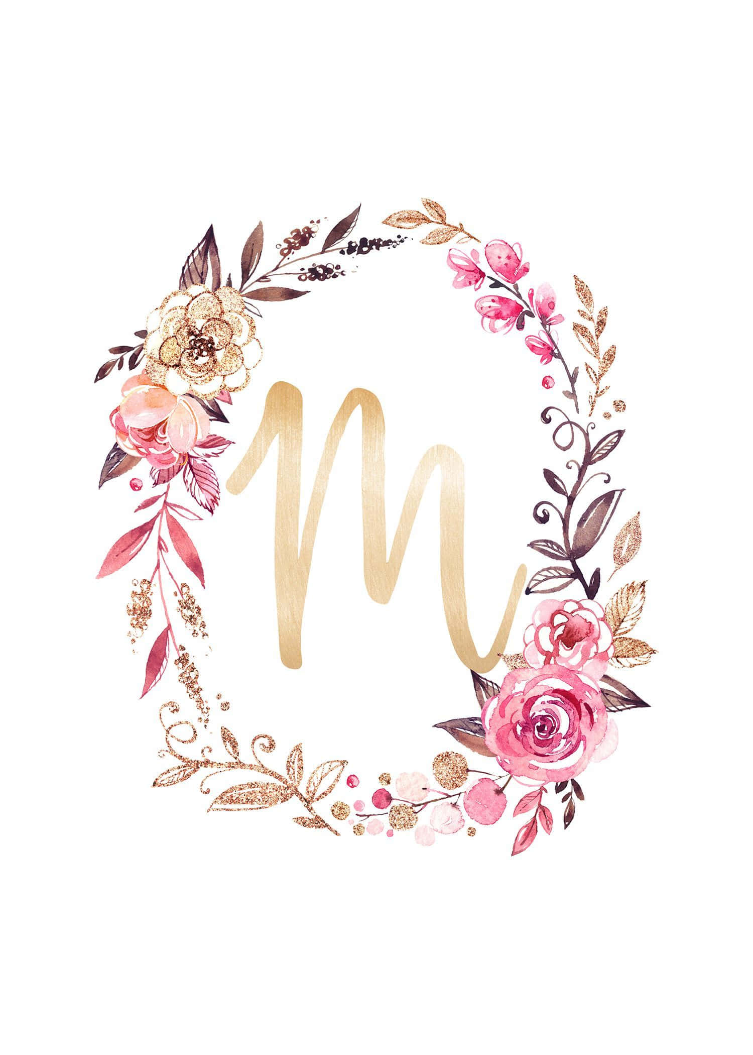 Cute M, watercolor floral wreath, pink and gold, Full HD Phone Wallpaper