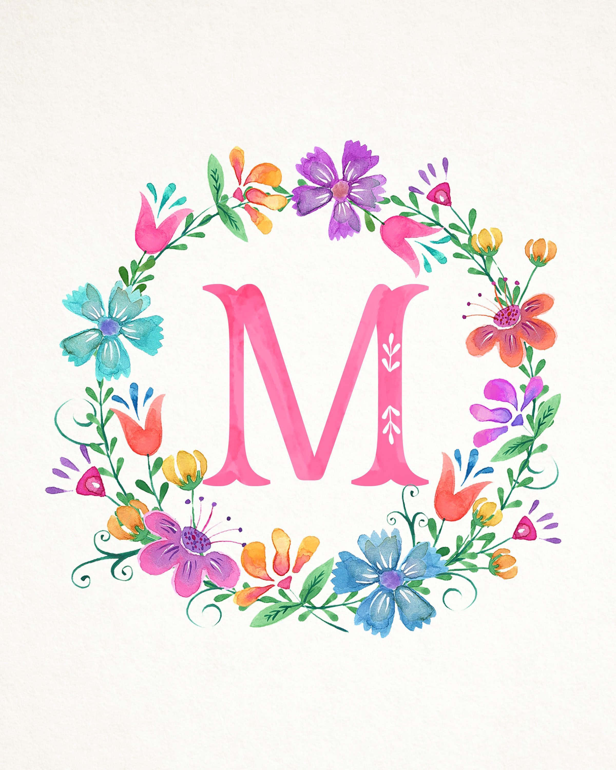 Cute M, watercolor floral wreath, bold pink letter M, 2K Phone Wallpaper