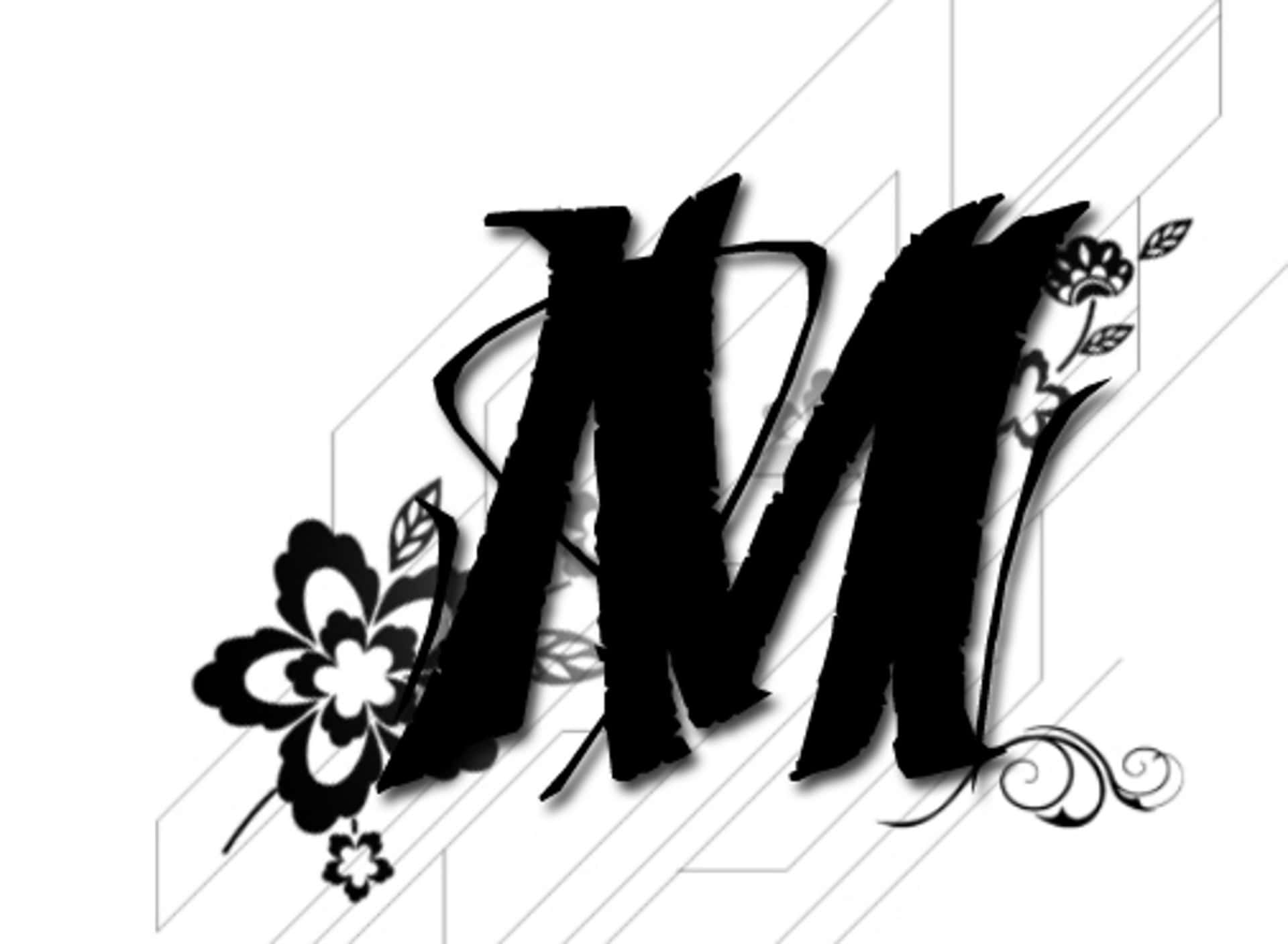 black and white logo, letter M, floral swirls, Full HD Desktop Wallpaper