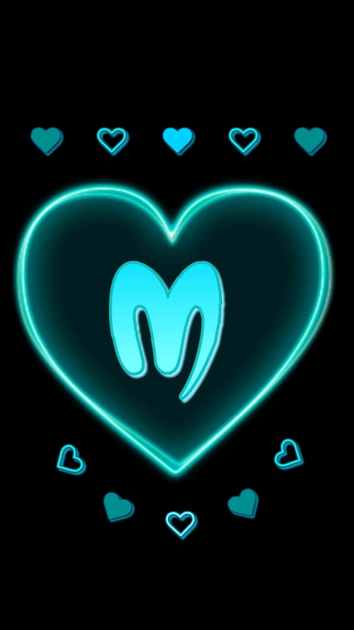 glowing cyan neon heart, stylized M, smaller hearts, HD Phone Wallpaper