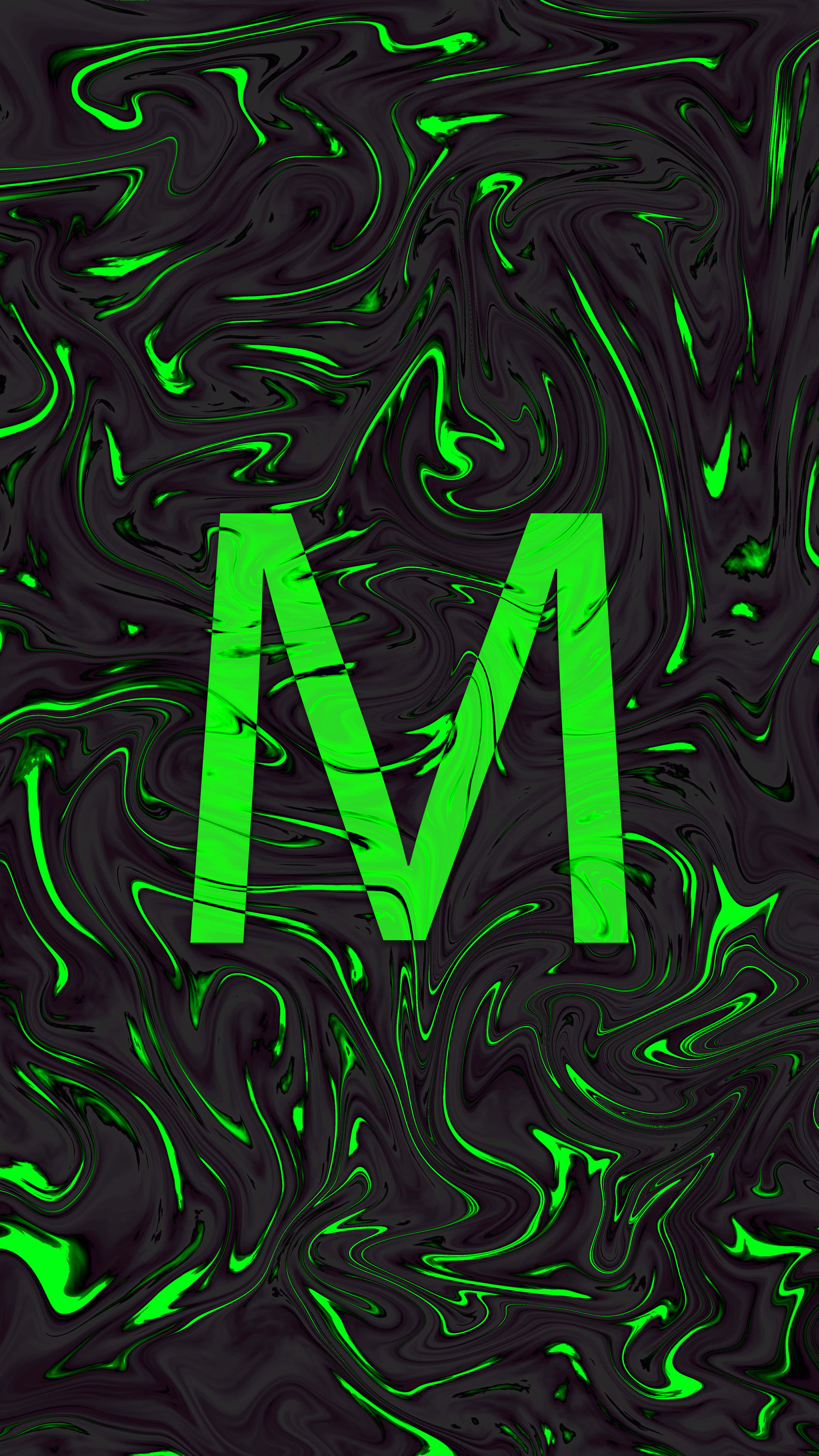 green marbled letter M, black background, neon green, 5K Phone Wallpaper