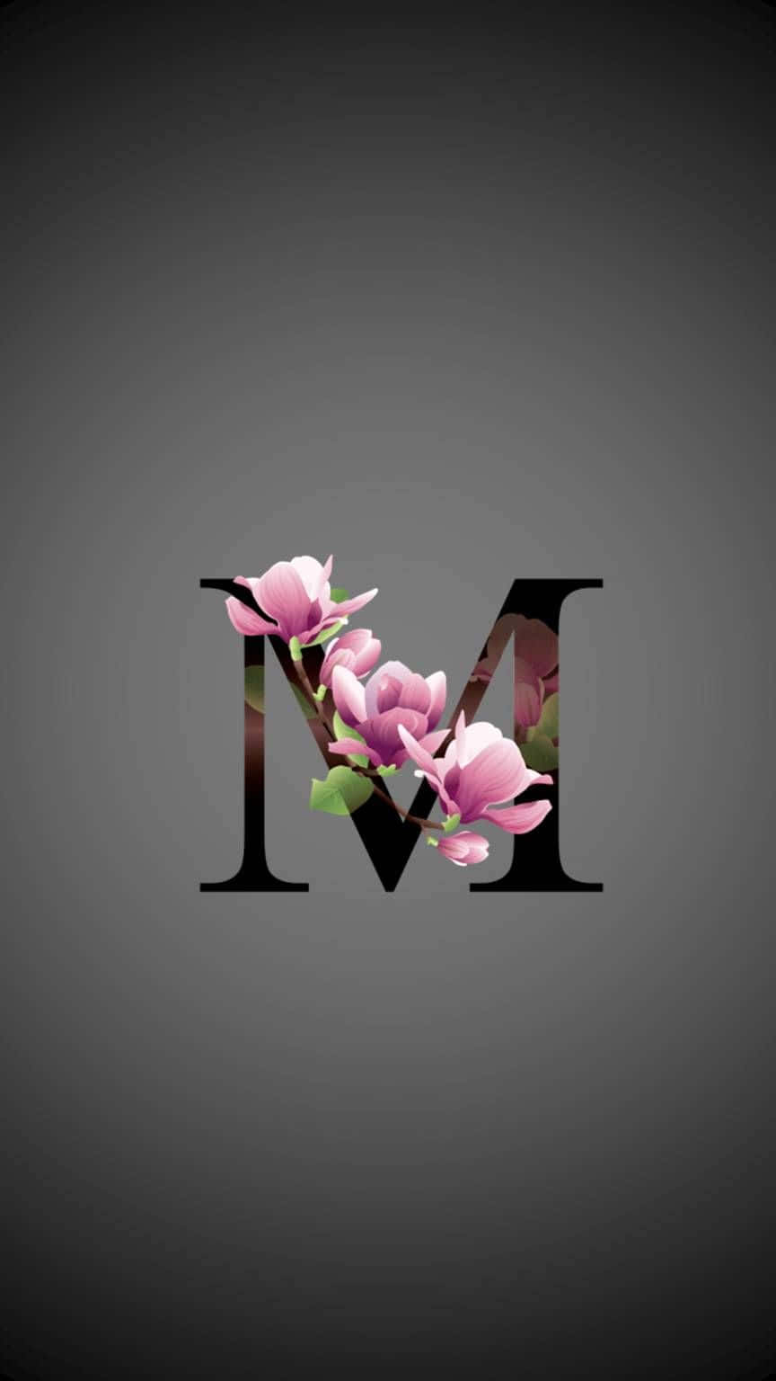 cute M, black letter M, pink magnolia blossoms, HD Phone Wallpaper