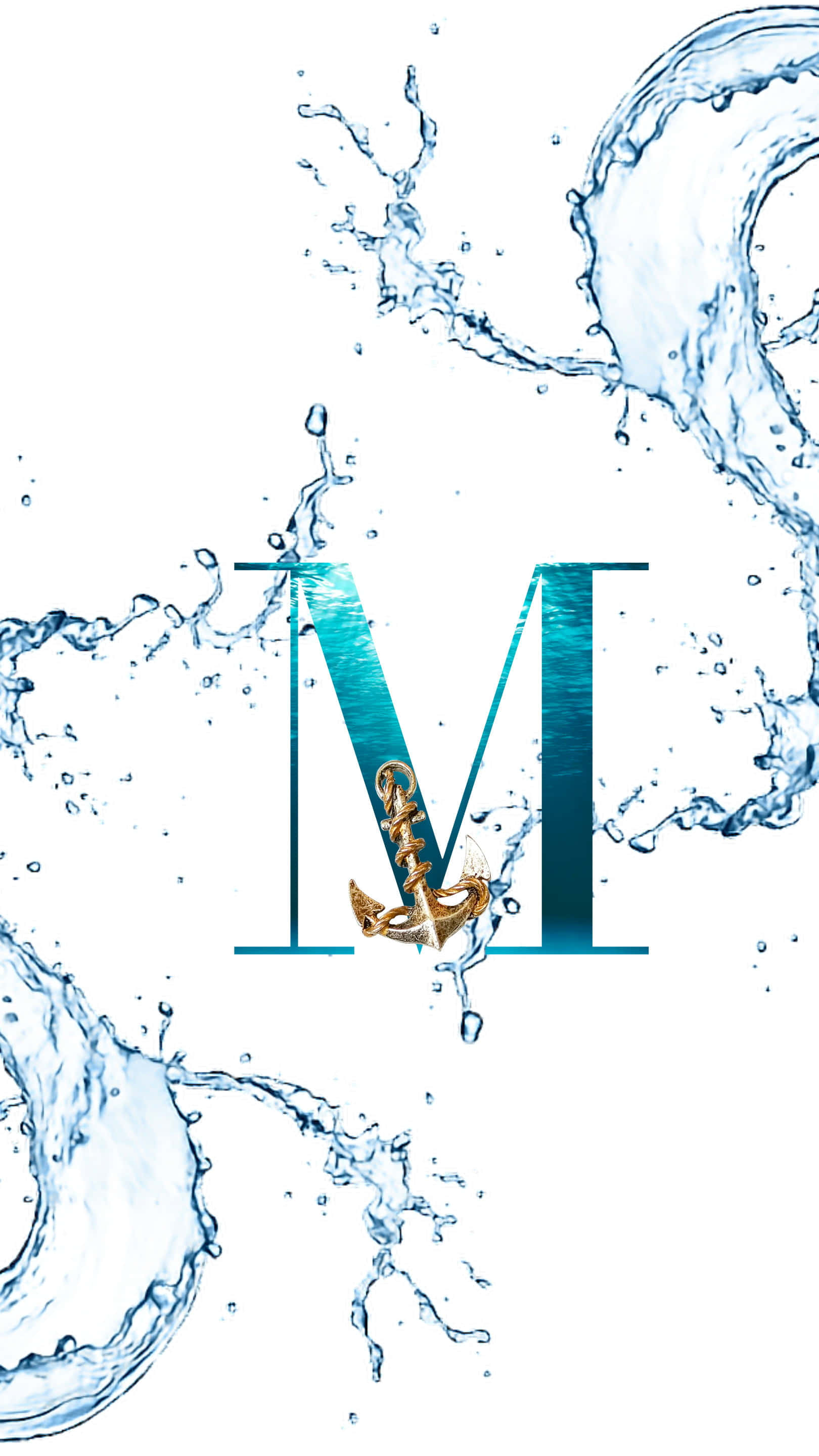 Cute M, blue, golden anchor, 2K Phone Wallpaper