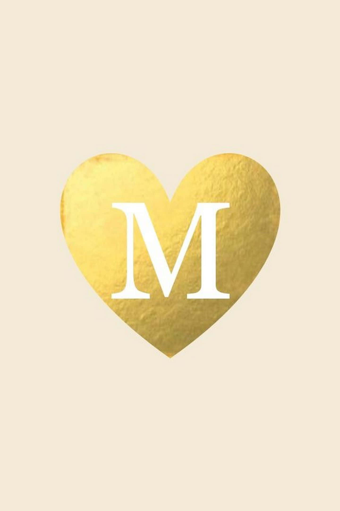 gold heart, white letter M, beige background, Full HD Phone Wallpaper