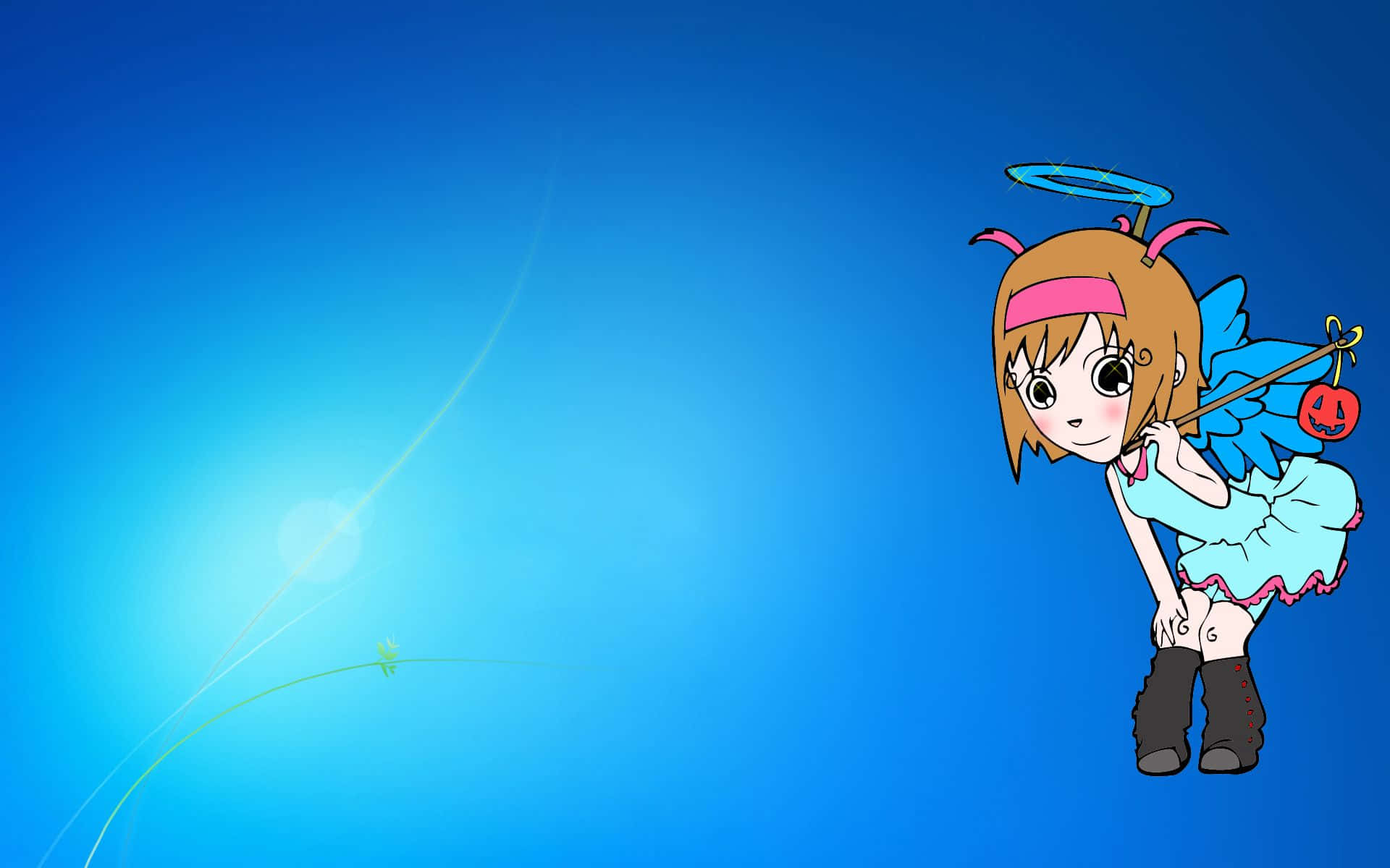 Cute Mac, anime-style girl, blue wings, Full HD Desktop Wallpaper