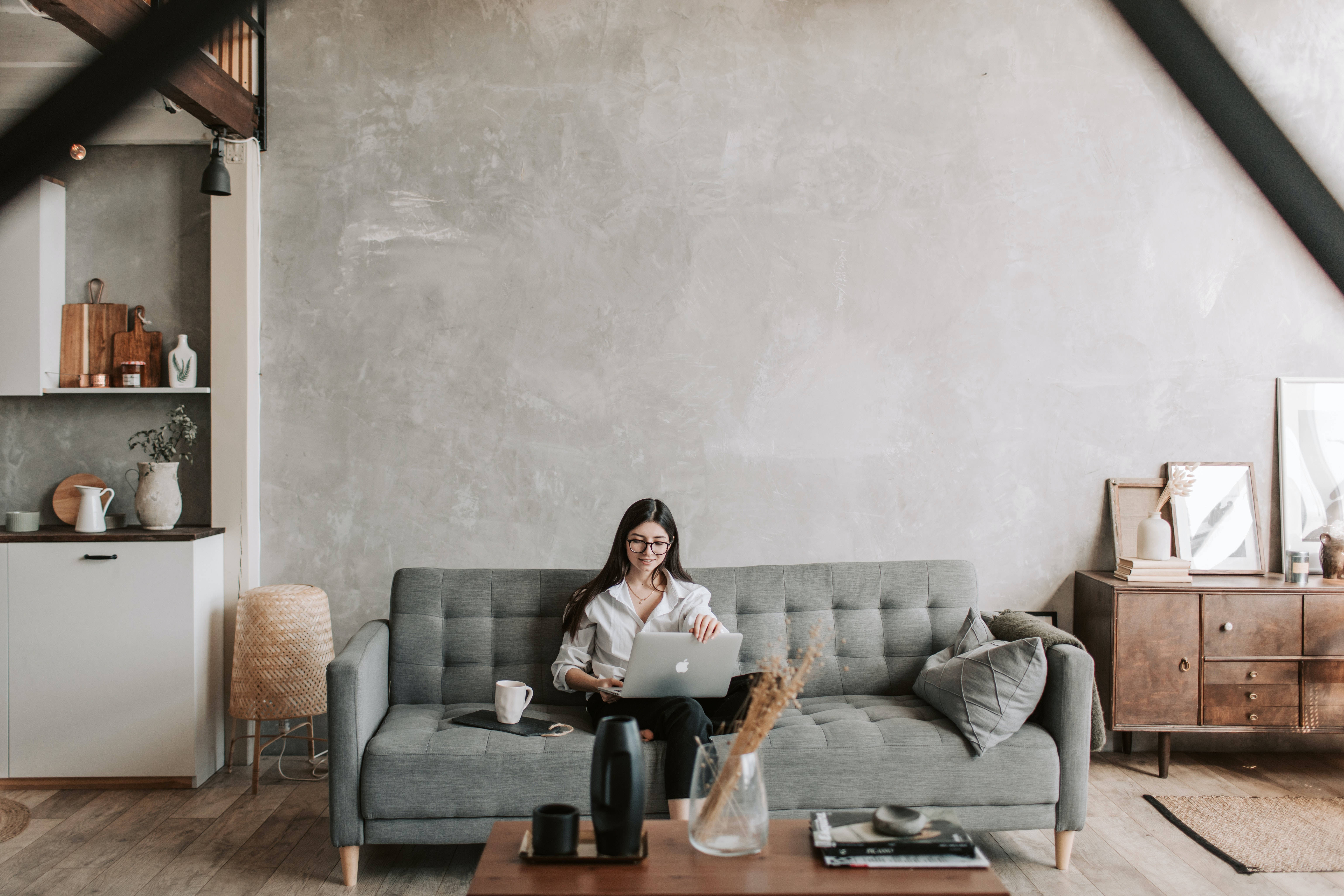 Mac, gray sofa, modern attic apartment, 5K Desktop Wallpaper