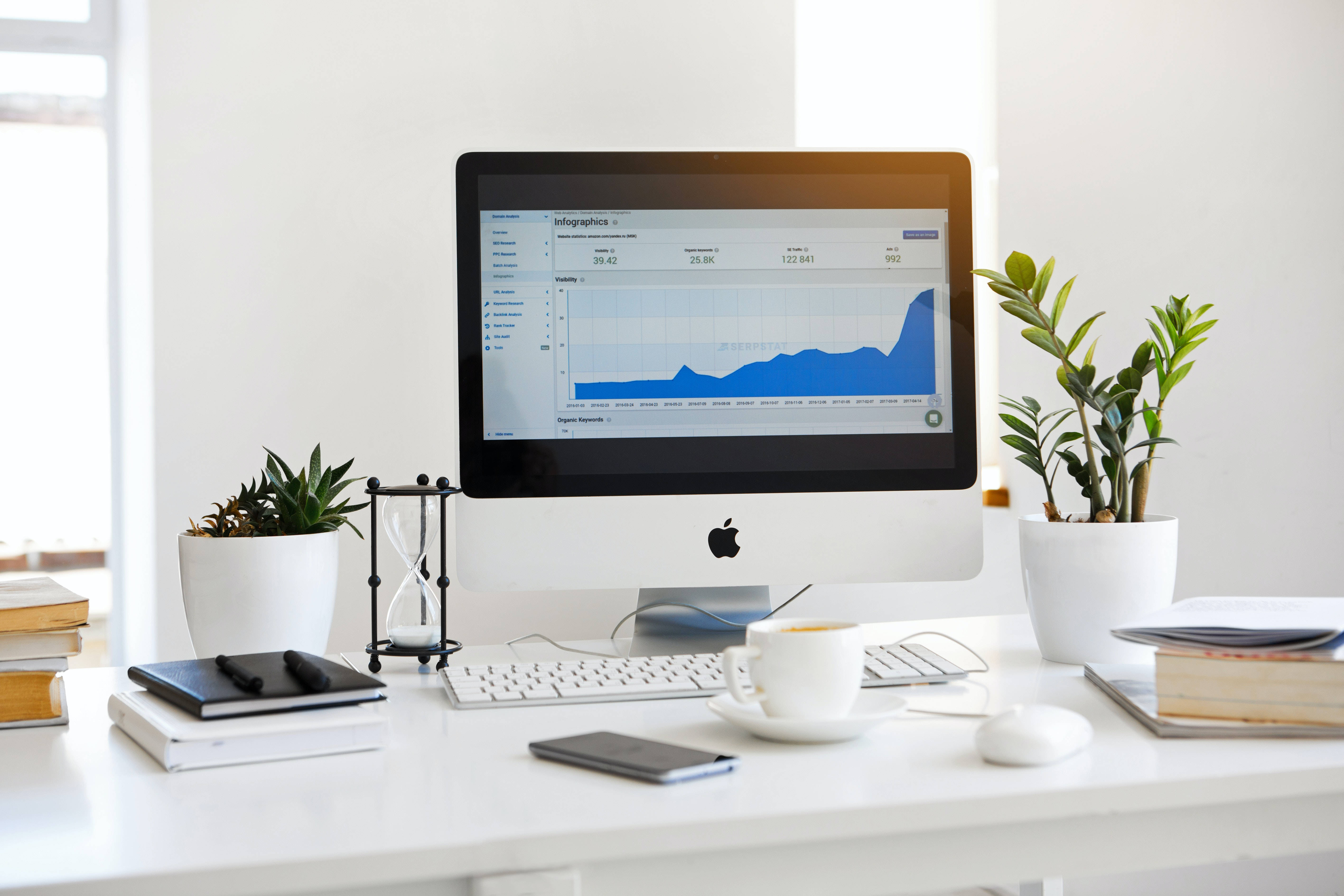 iMac, blue line graph, minimalist white desk, 5K Desktop Wallpaper