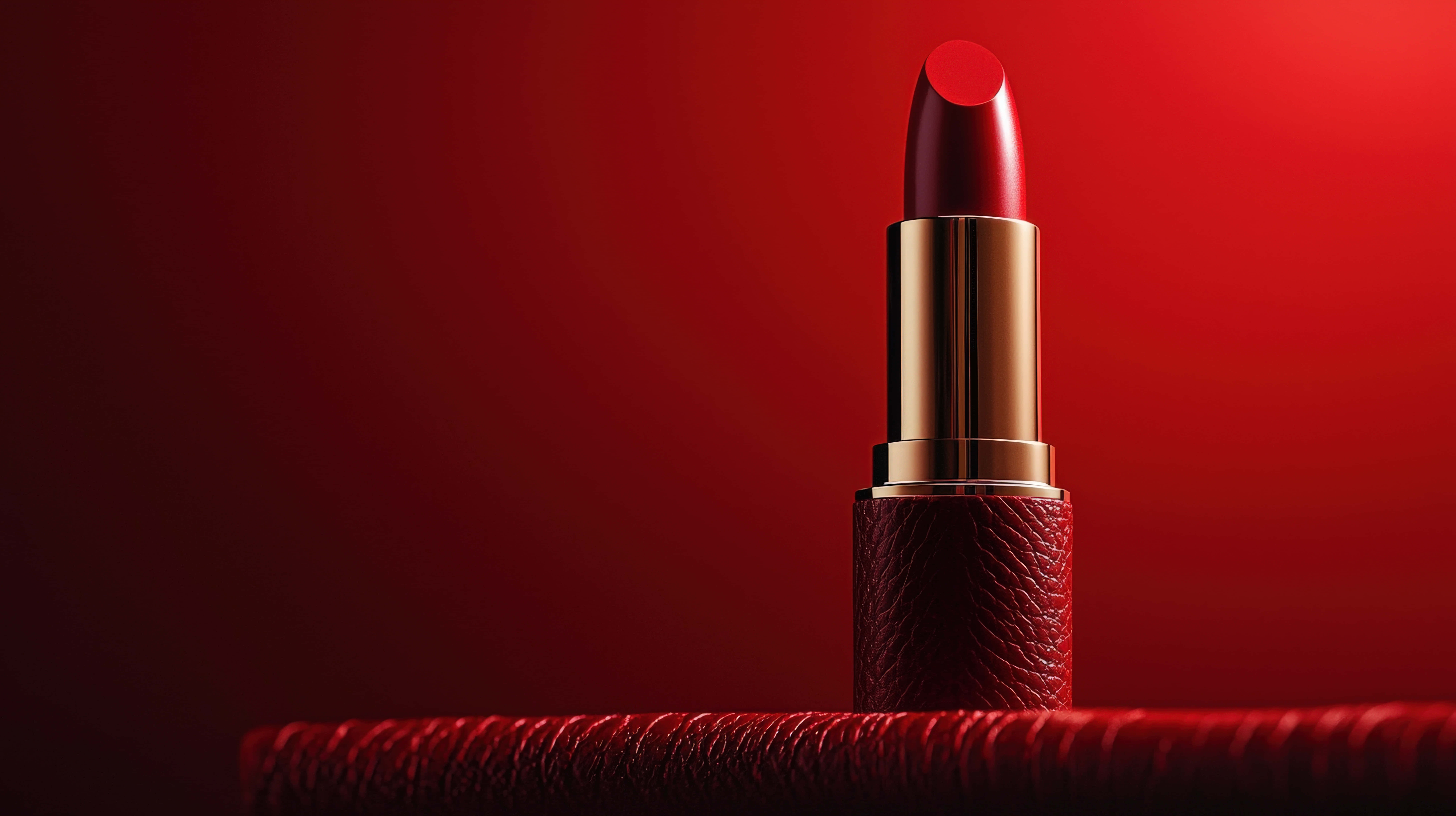 red lipstick, golden accents, textured red surface, 8K Desktop Wallpaper