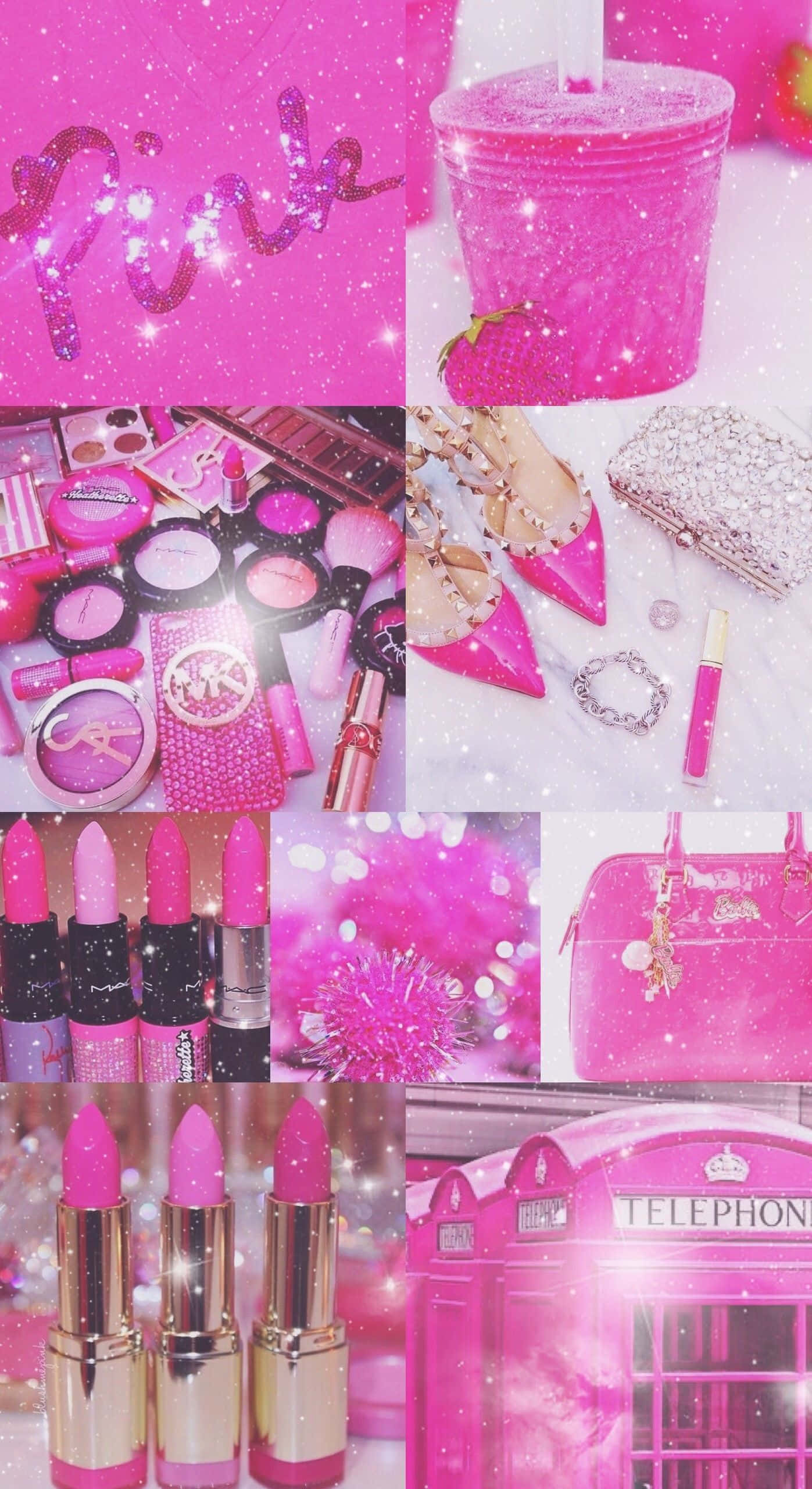 glittery pink collage, makeup lipsticks, shoes, 2K Phone Wallpaper