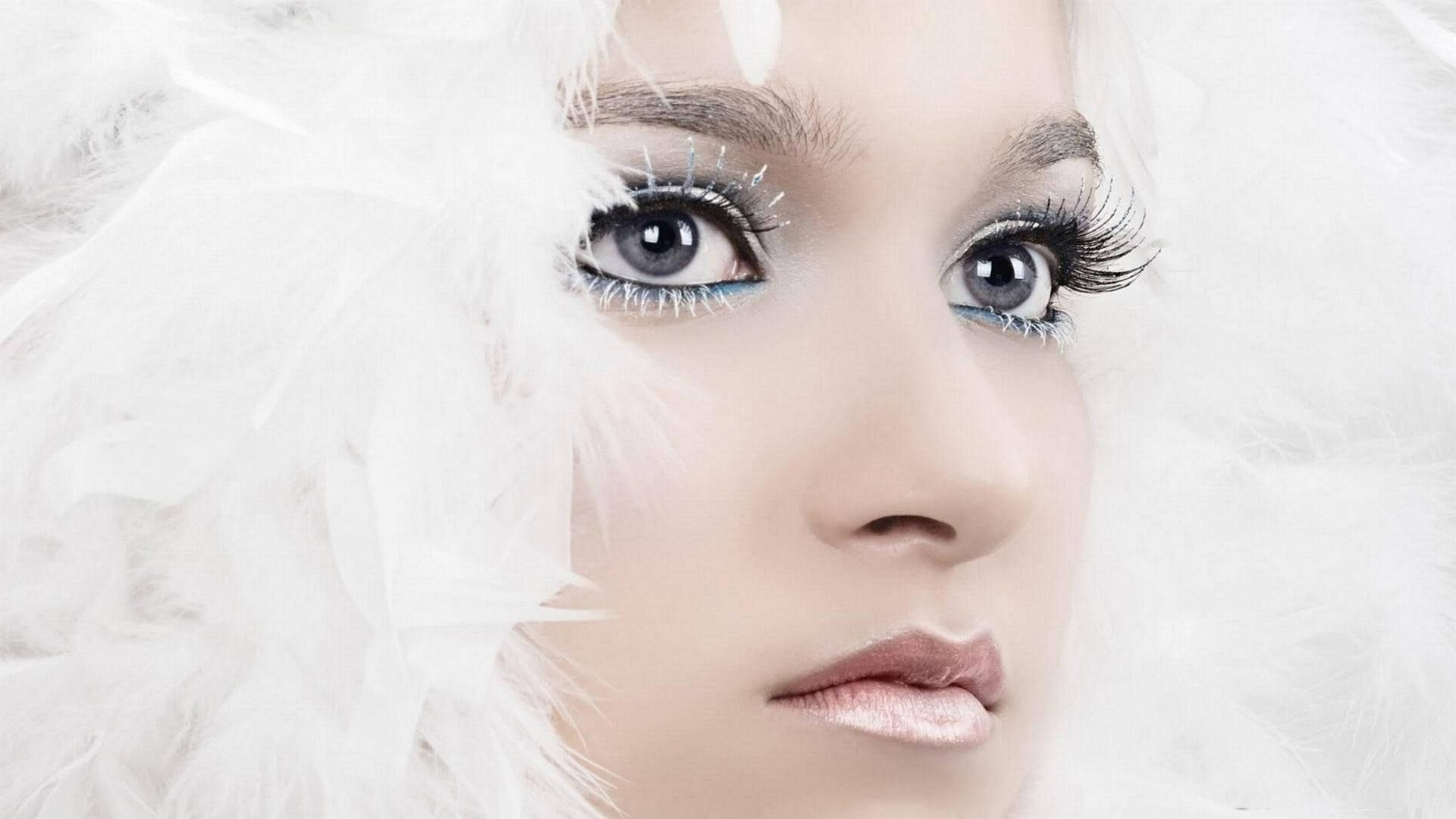 beautiful face fluffy feathers, striking blue eyes, white feathered makeup, Full HD Desktop Wallpaper