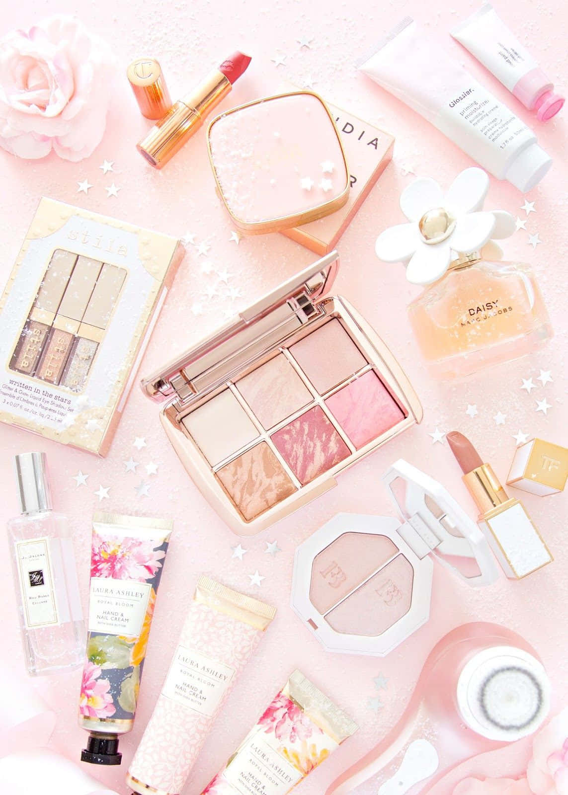 pink eye shadow, pastel pink surface, white stars, HD Phone Wallpaper