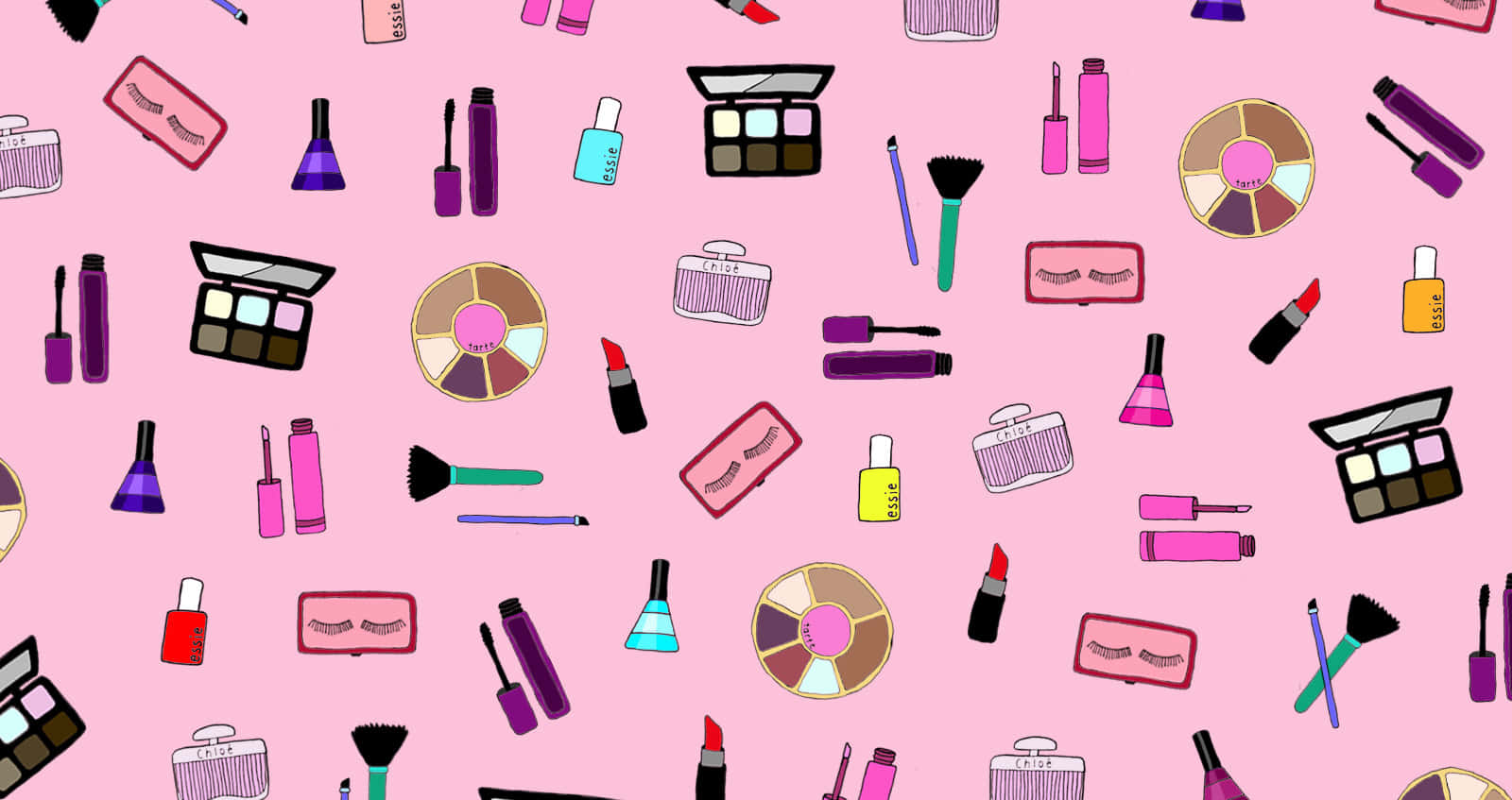 cute makeup, playful pink background, scattered cartoon makeup items, HD Desktop Wallpaper