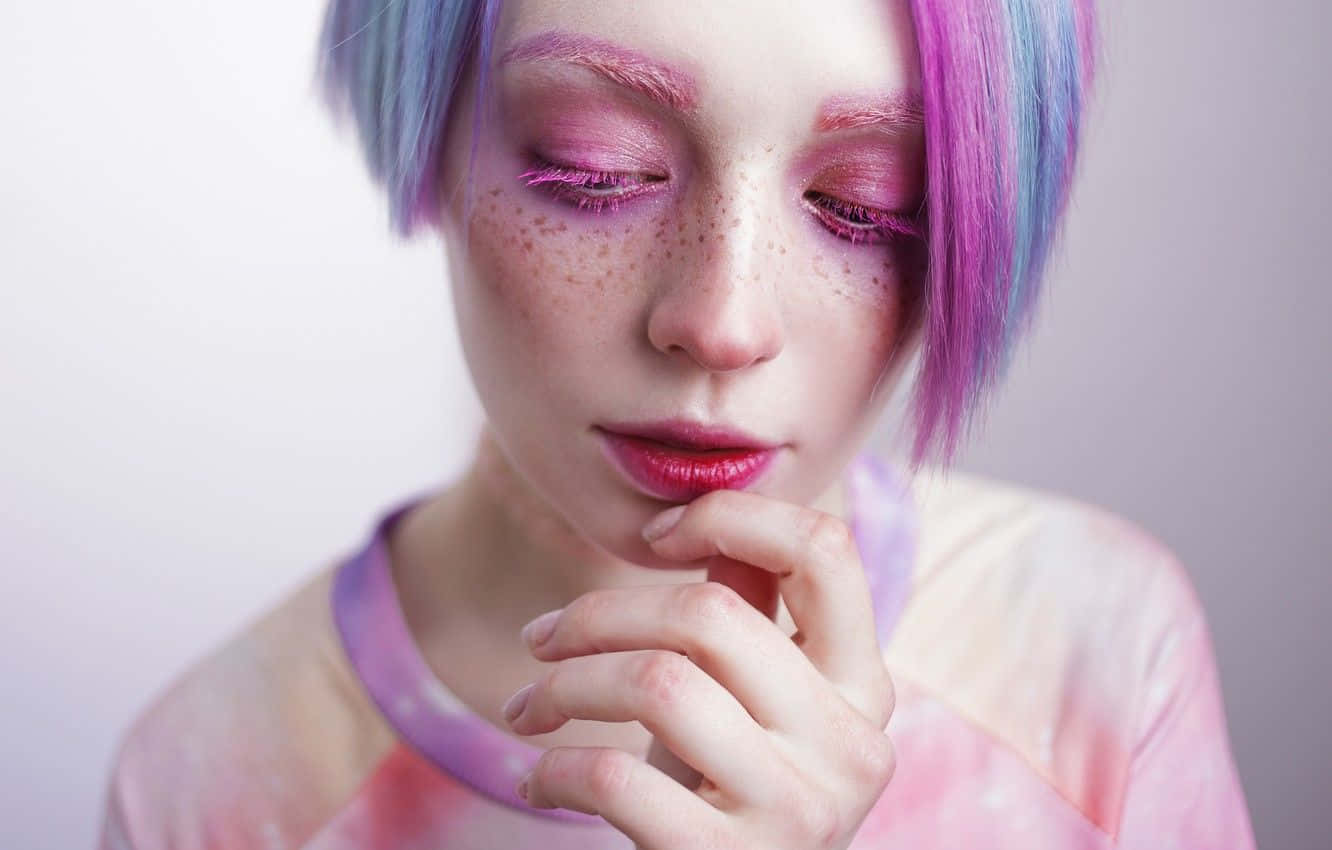 vibrant pink and blue hair, freckles, soft gradient background, HD Desktop Wallpaper