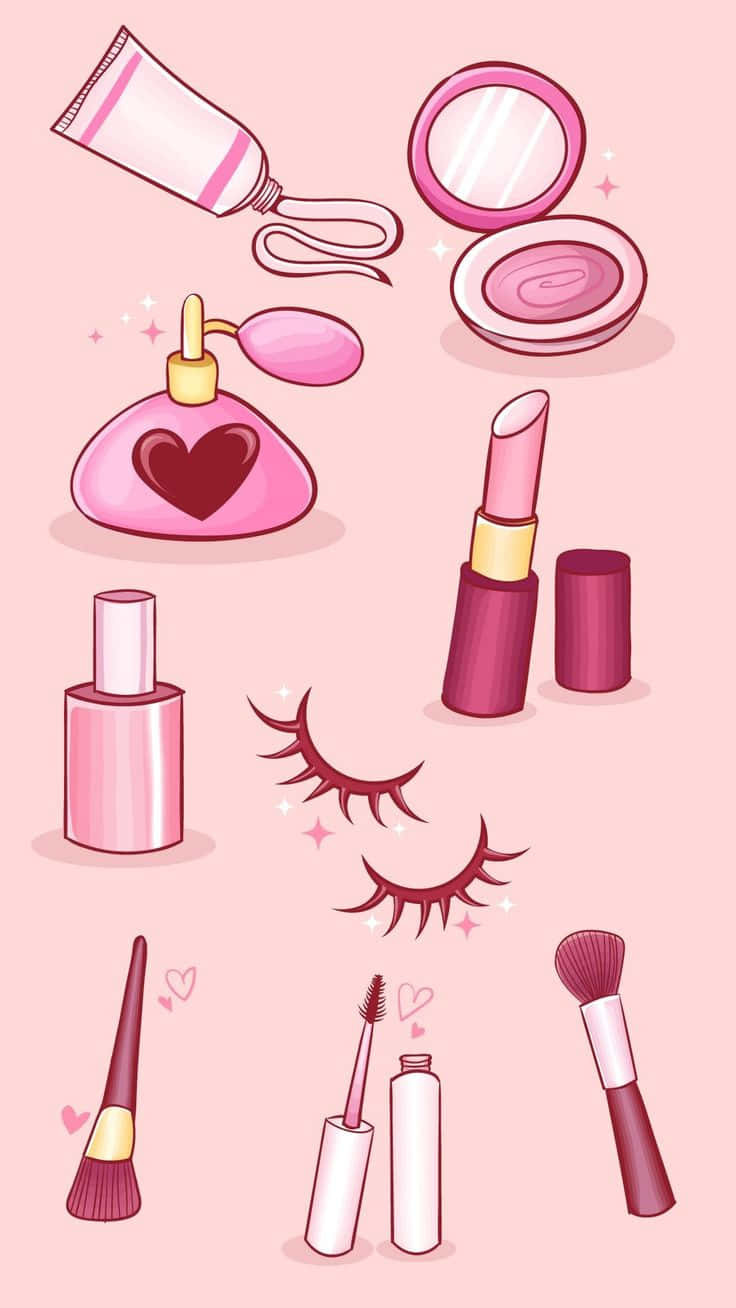 pink illustrated beauty products, lipstick, perfume, HD Phone Wallpaper