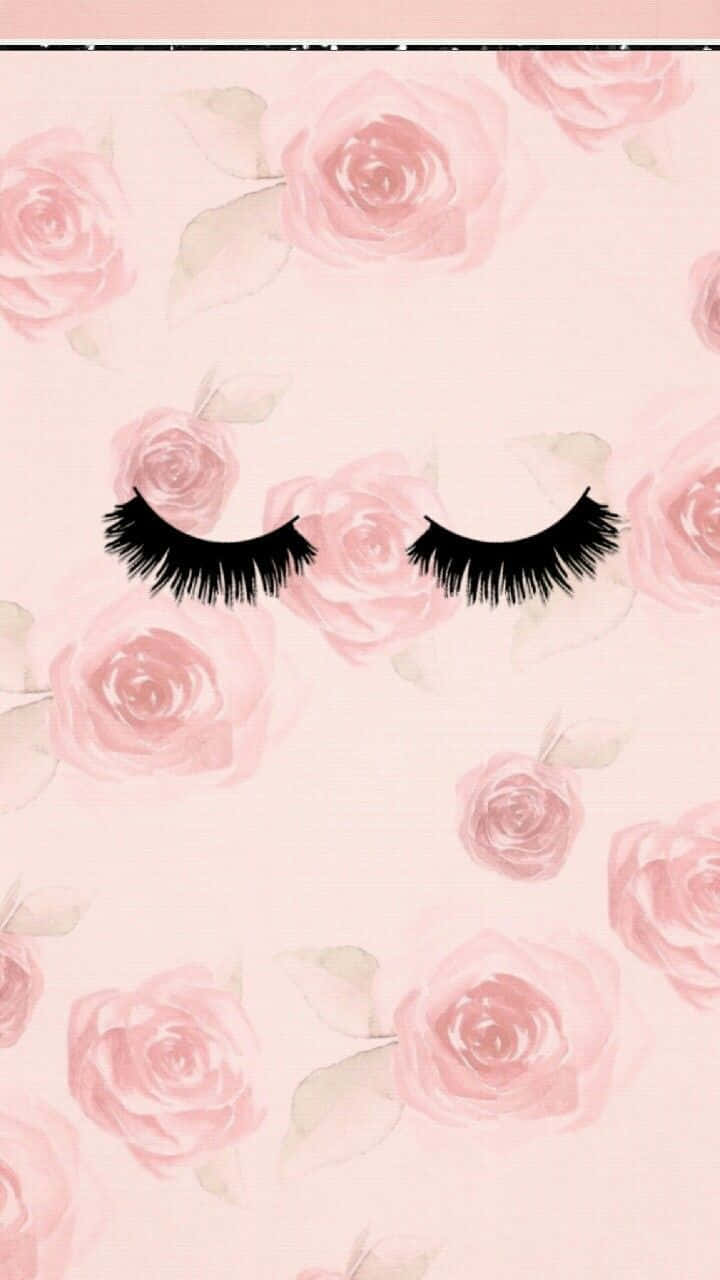 cute makeup, long black false eyelashes, soft pink rose pattern background, HD Phone Wallpaper