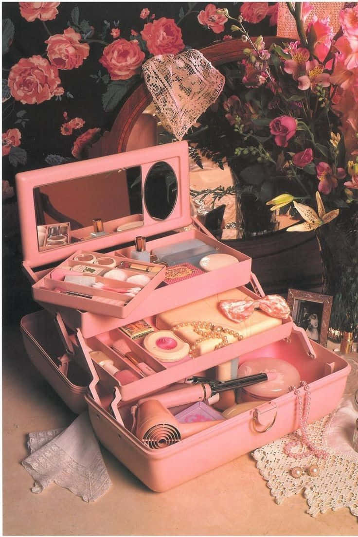 vintage pink makeup case, cosmetics jewelry and accessories, lush pink roses, SD Phone Wallpaper