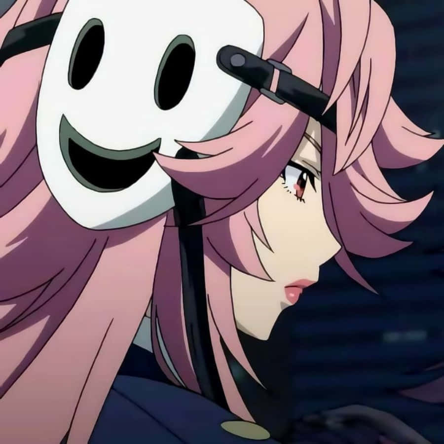 pink-haired anime girl, white smiley face mask, dark background, SD Desktop Wallpaper