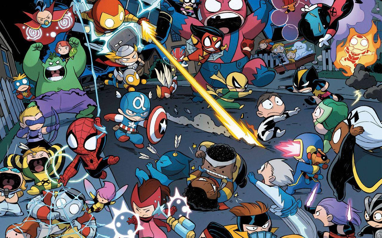 Cute Marvel, chibi-style superheroes, energy blasts, HD Desktop Wallpaper