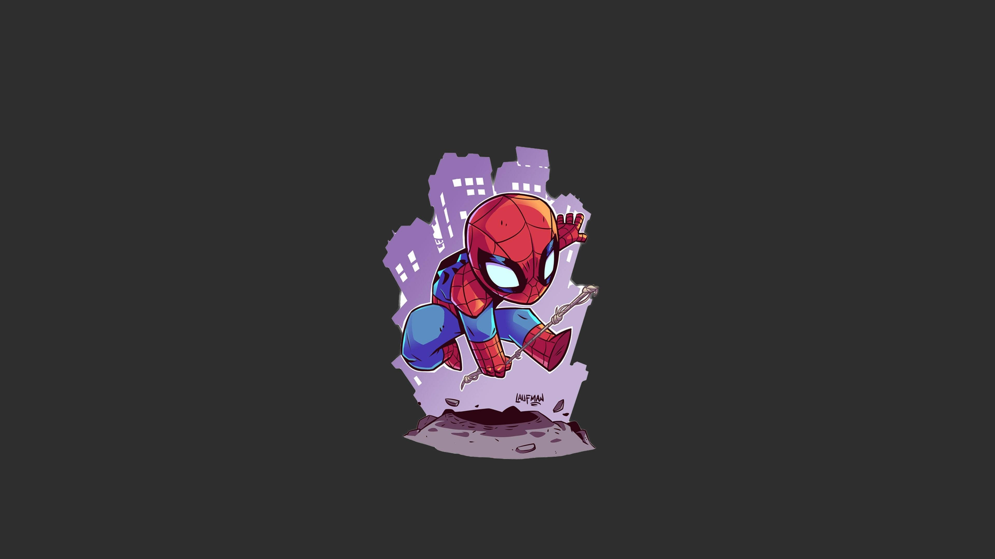 chibi Spider-Man, broken concrete slab, dark gray background, 4K Desktop Wallpaper