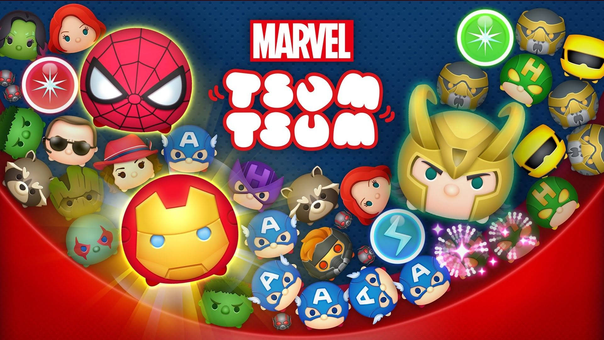 Marvel, Tsum Tsum style, red and blue background, Full HD Desktop Wallpaper