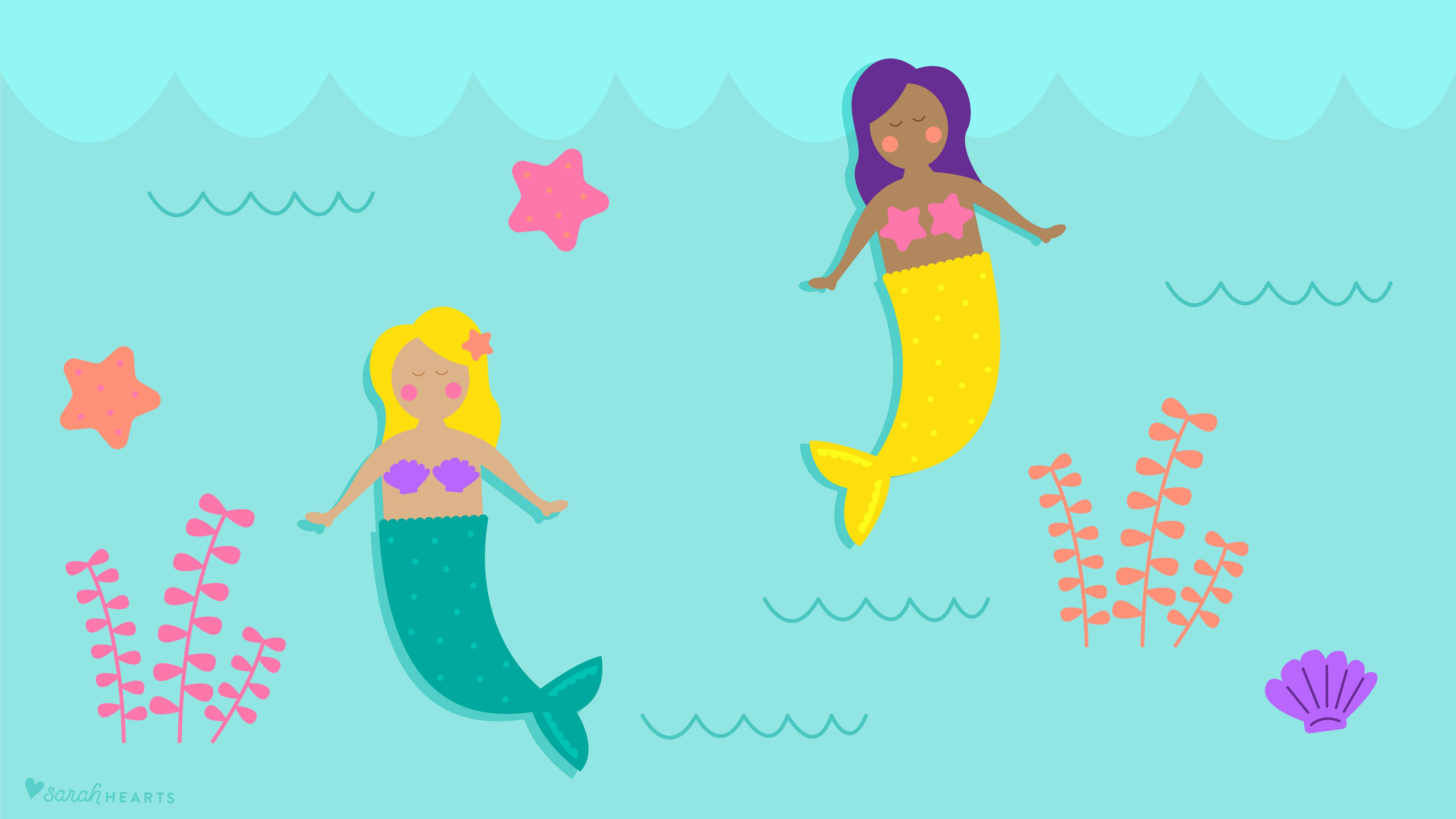 Cute Mermaid, cartoon mermaids, coral, 5K Desktop Wallpaper