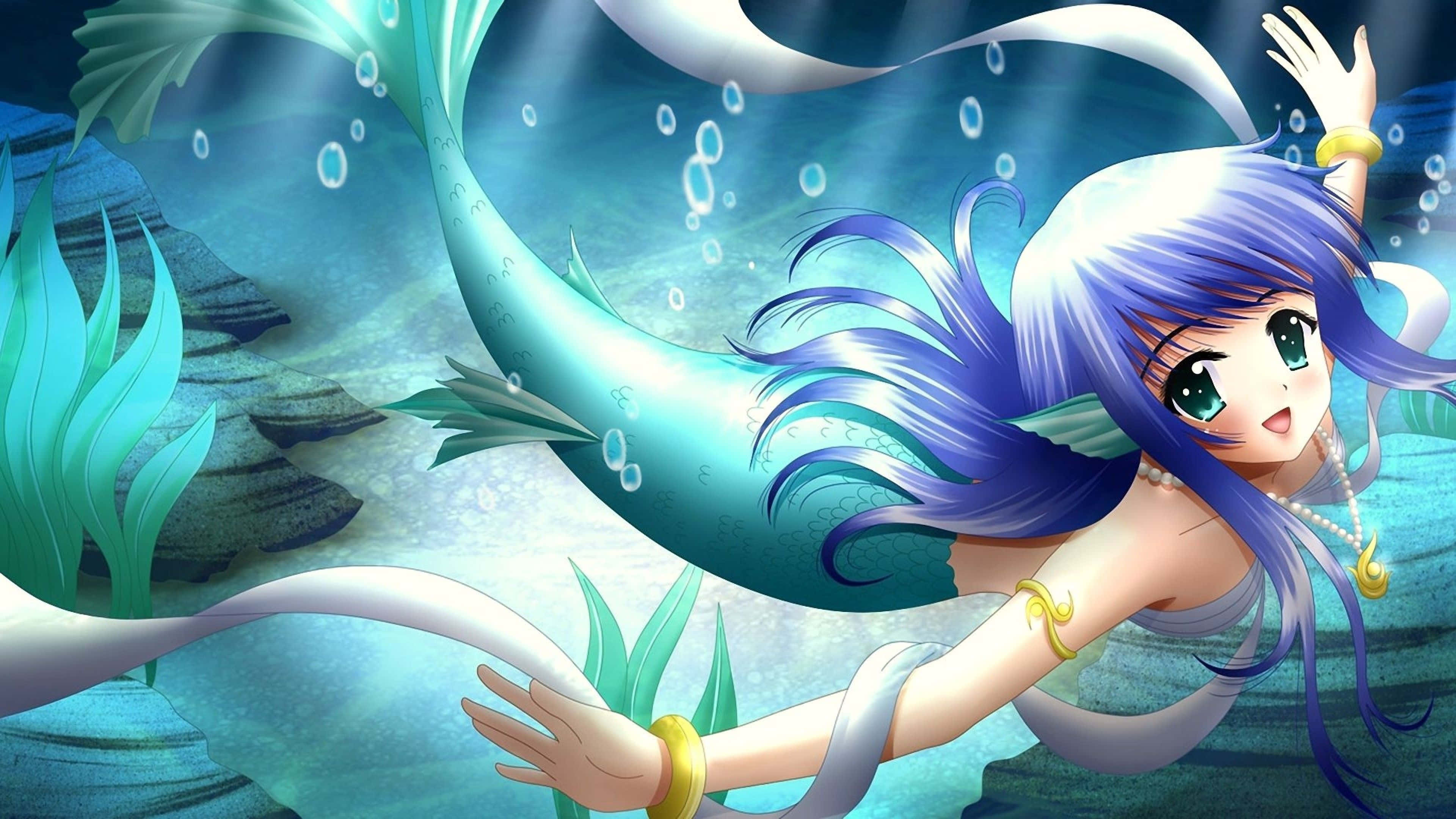 Cute Mermaid, anime mermaid, blue hair, 4K Desktop Wallpaper