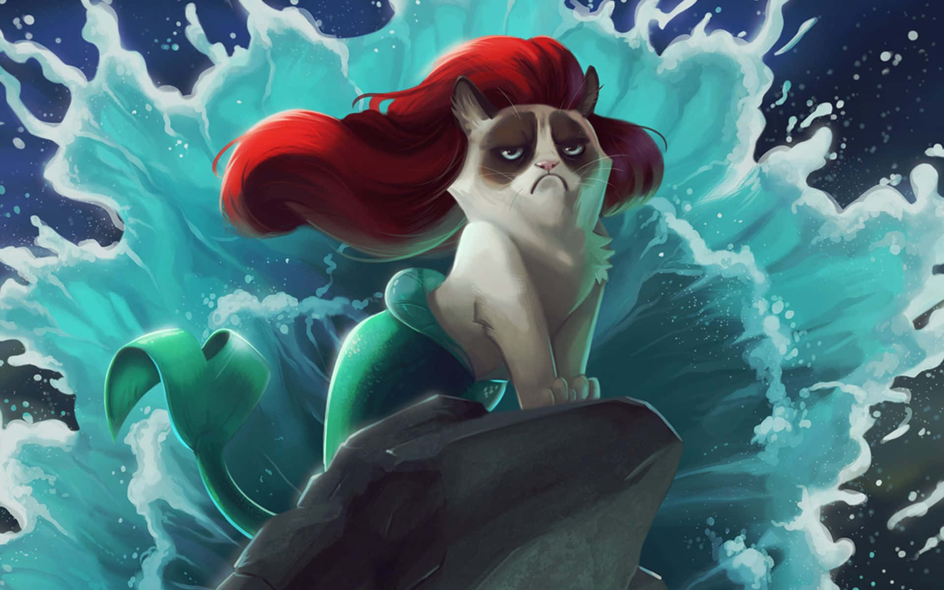 Cute Mermaid Grumpy Cat Parody, grumpy cat, red hair, Full HD Desktop Wallpaper