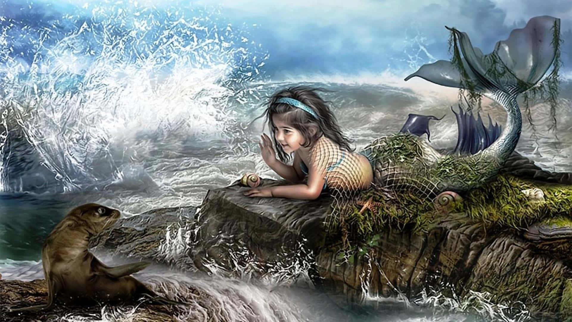 Cute Mermaid Girl, mossy tail, rocky shore, Full HD Desktop Wallpaper