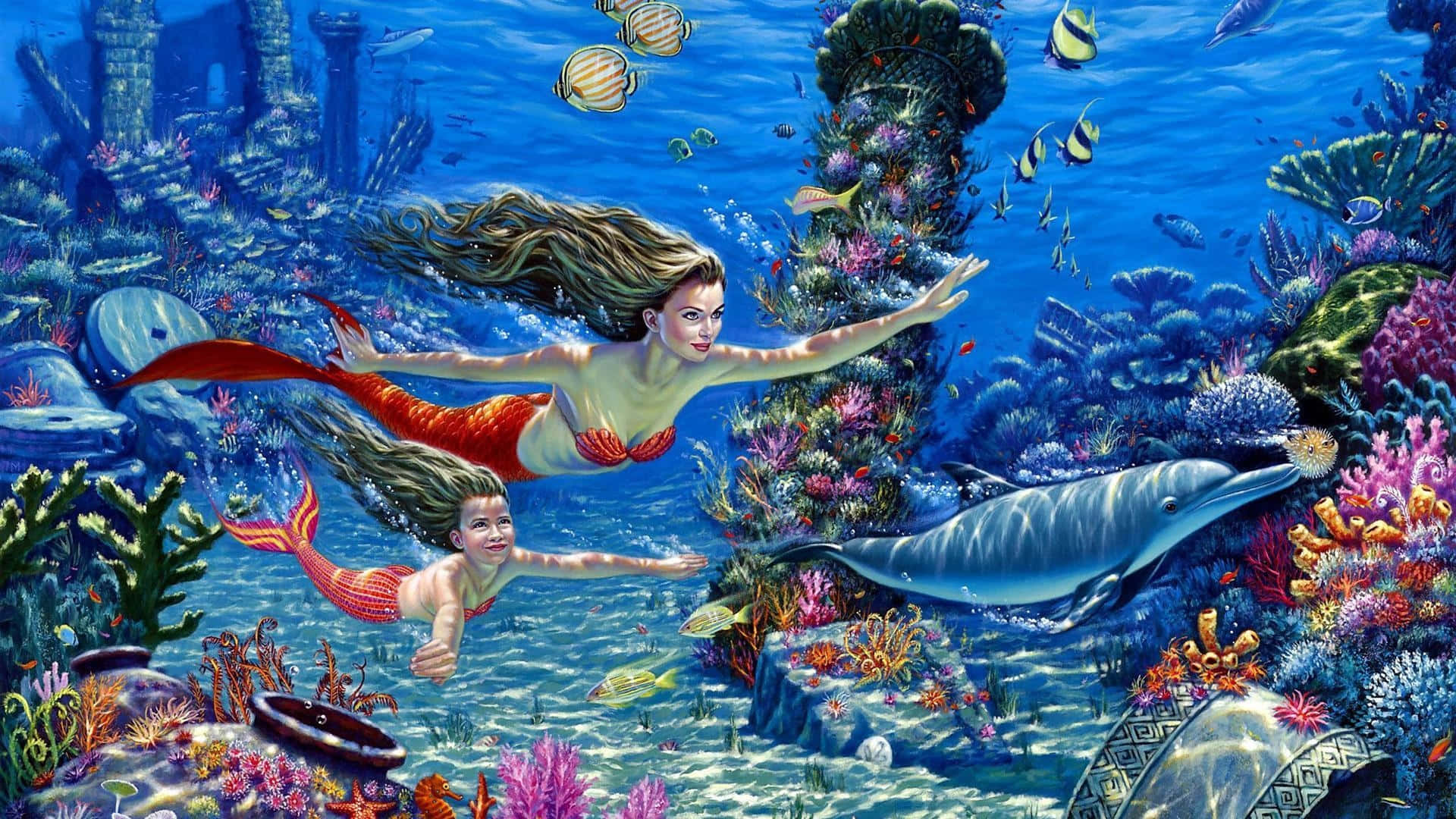 Cute Mermaid, under the sea, vibrant coral reef, Full HD Desktop Wallpaper