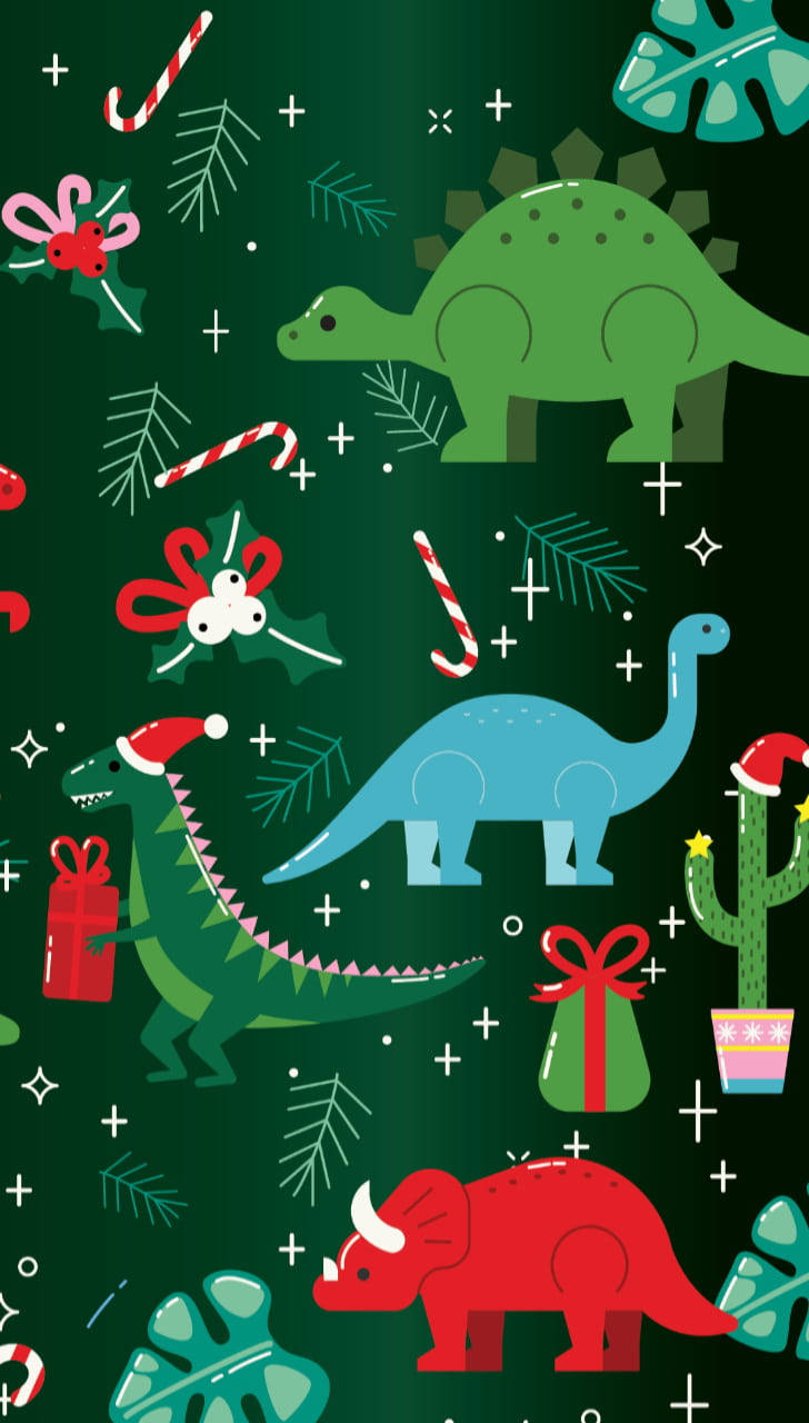 Cute Merry Christmas Dinosaurs, colorful cartoon dinosaurs, festive holiday attire, HD Phone Wallpaper