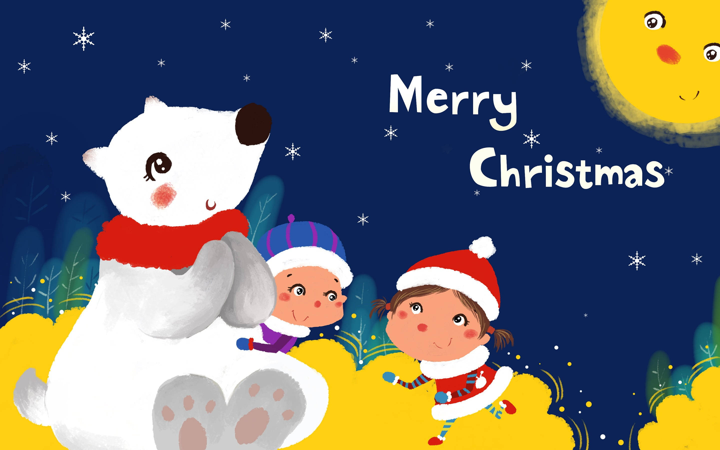 Cute Merry Christmas Polar Bear, festive winter gear, smiling moon, 2K Desktop Wallpaper