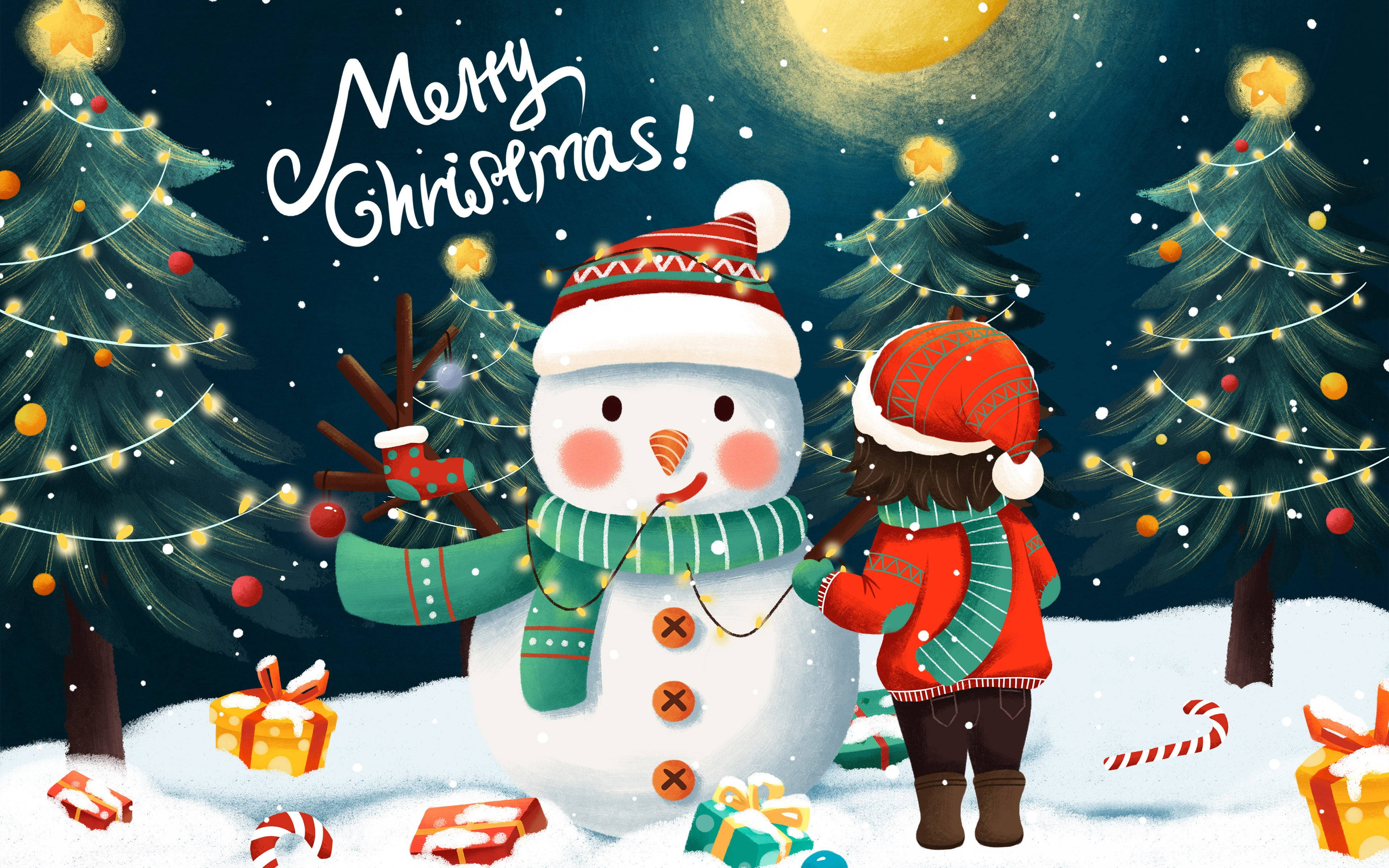 Cute Merry Christmas, snowman, glowing moon, 4K Desktop Wallpaper