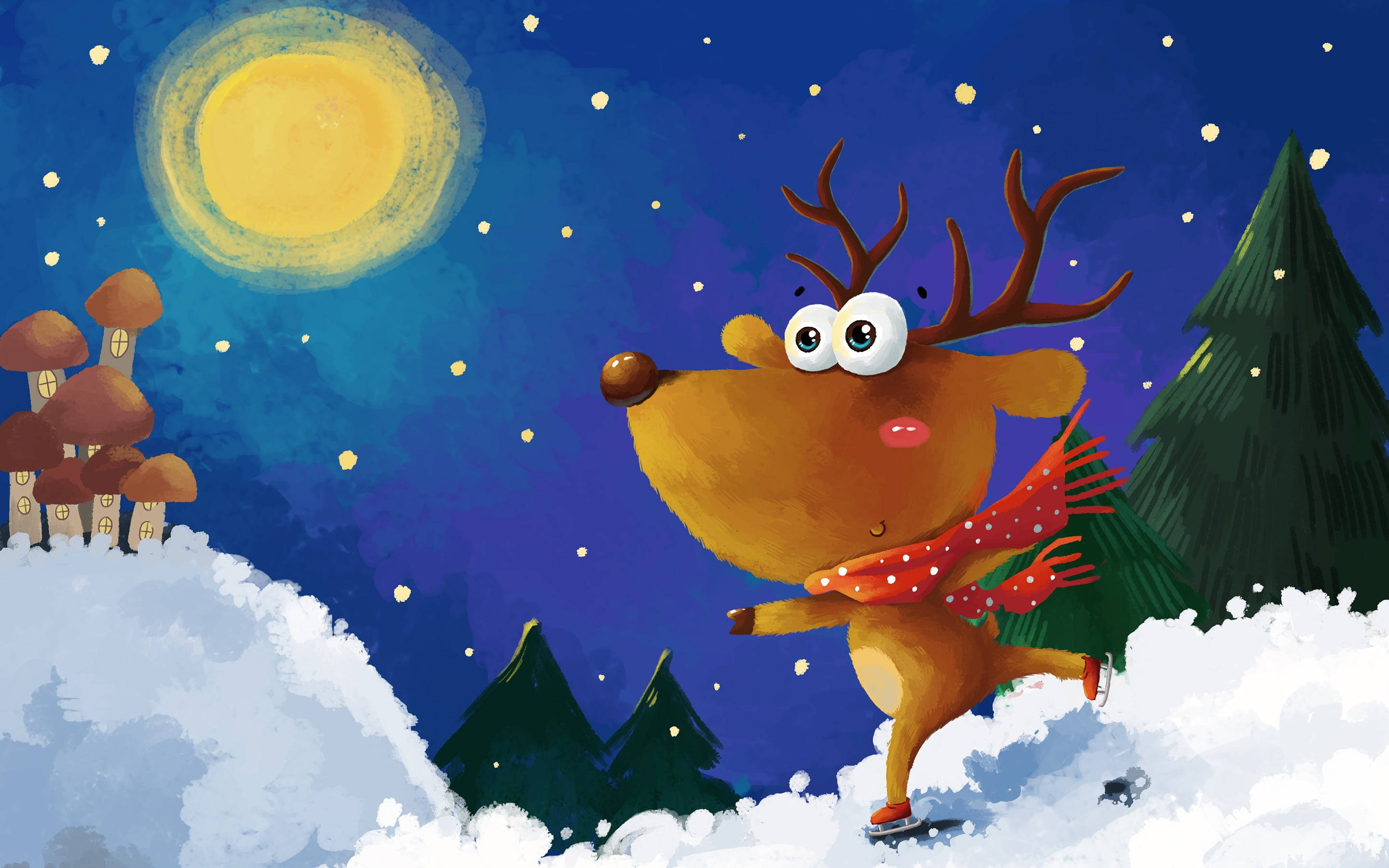 Cute Merry Christmas Skating Reindeer, red scarf, snowy hills, 2K Desktop Wallpaper