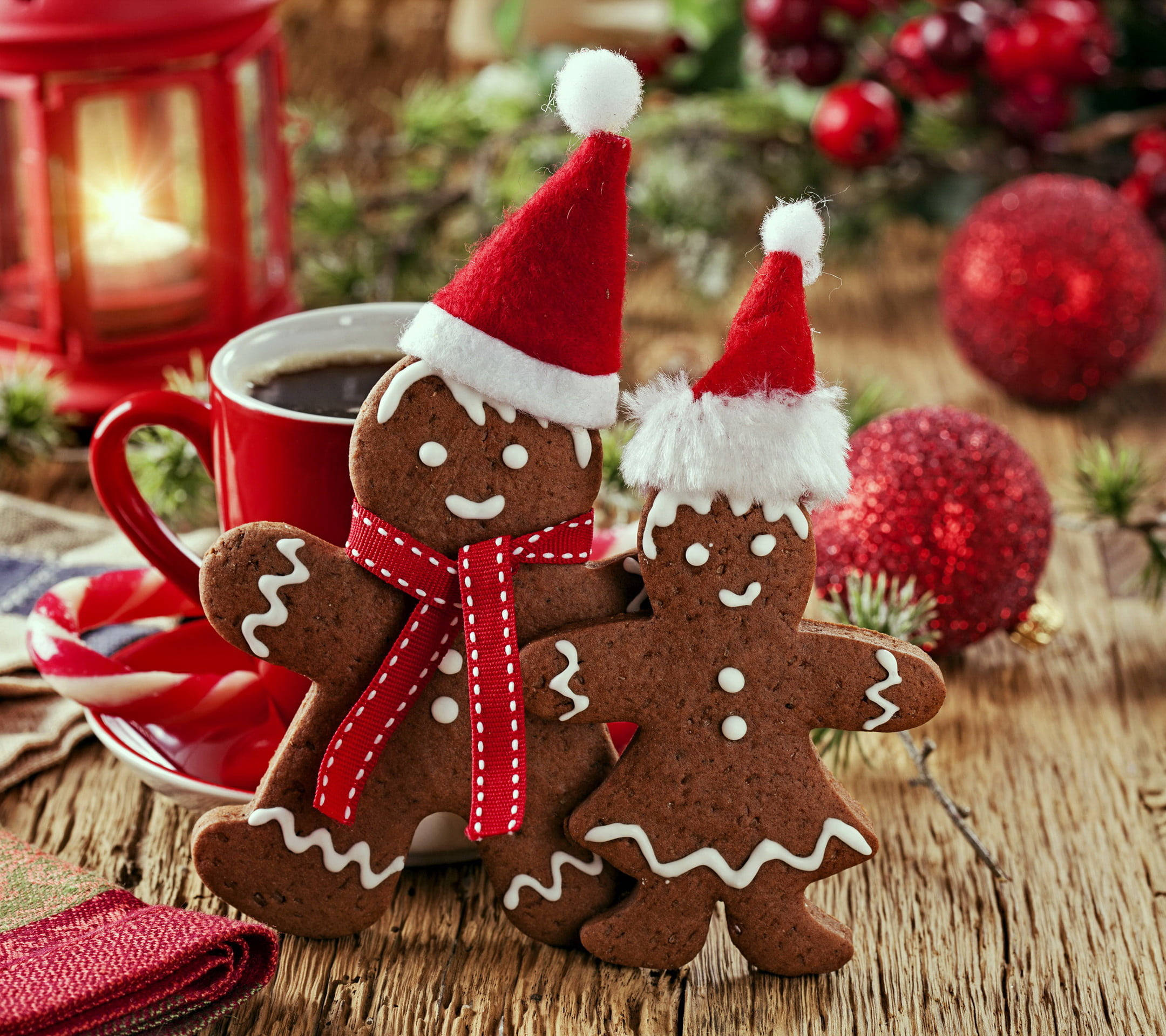 gingerbread people, red Santa hats, scarves, Full HD Desktop Wallpaper
