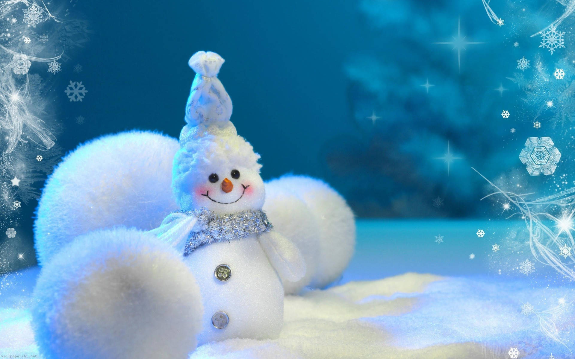 Cute Merry Christmas Snowman With Snowballs, glittering scarf, top hat, Full HD Desktop Wallpaper