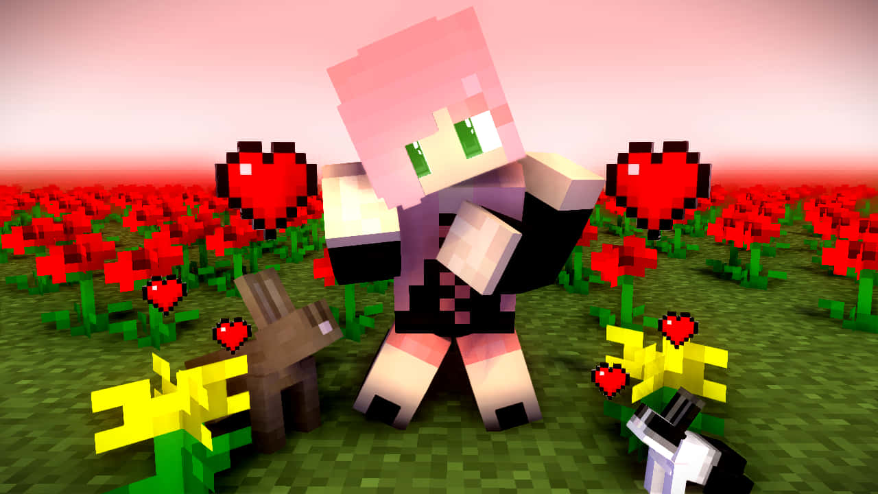Cute Minecraft, pink hair, red flowers, HD Desktop Wallpaper