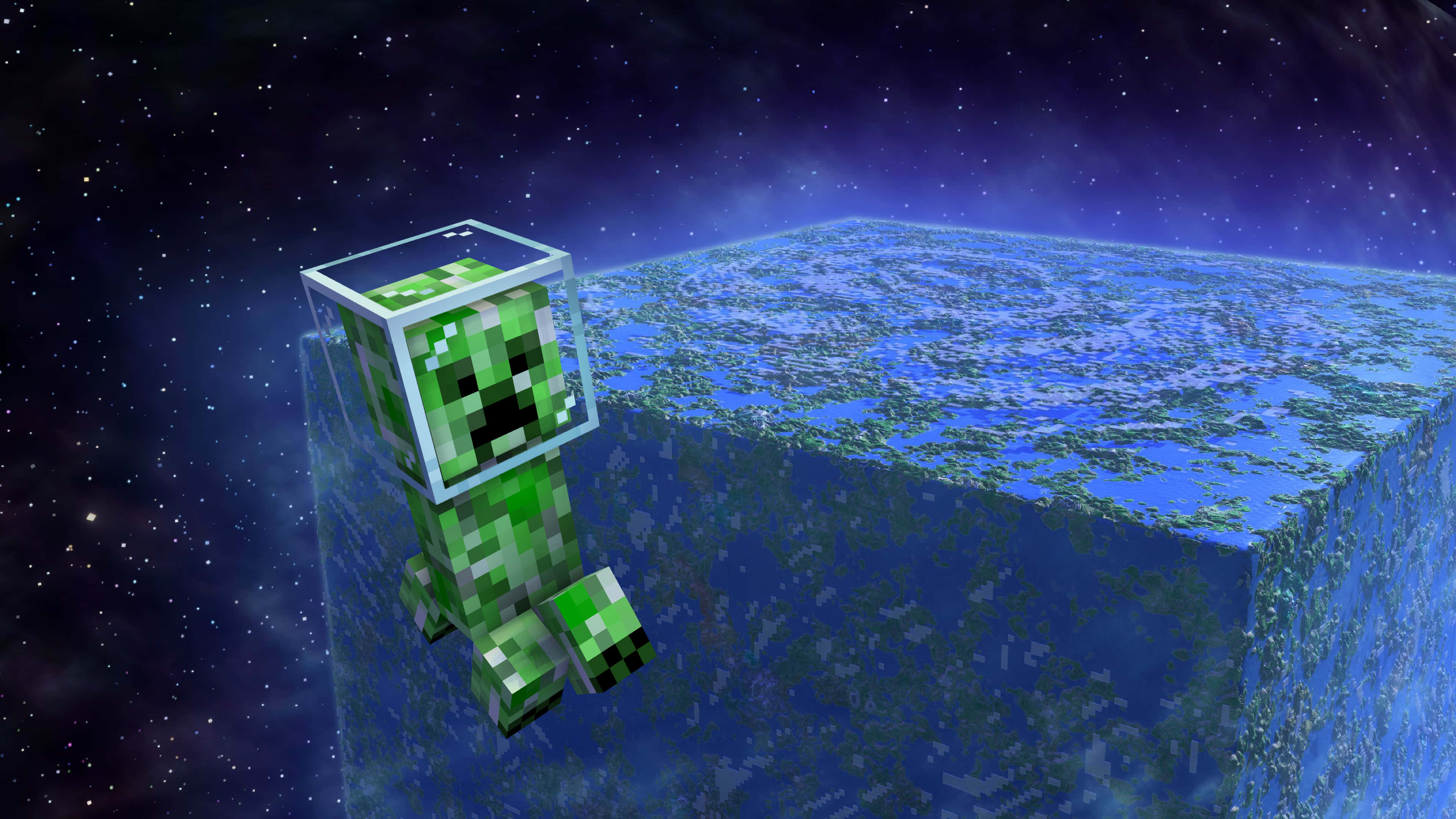 Cute Minecraft, pixelated green creeper, floating blue block, 4K Desktop Wallpaper