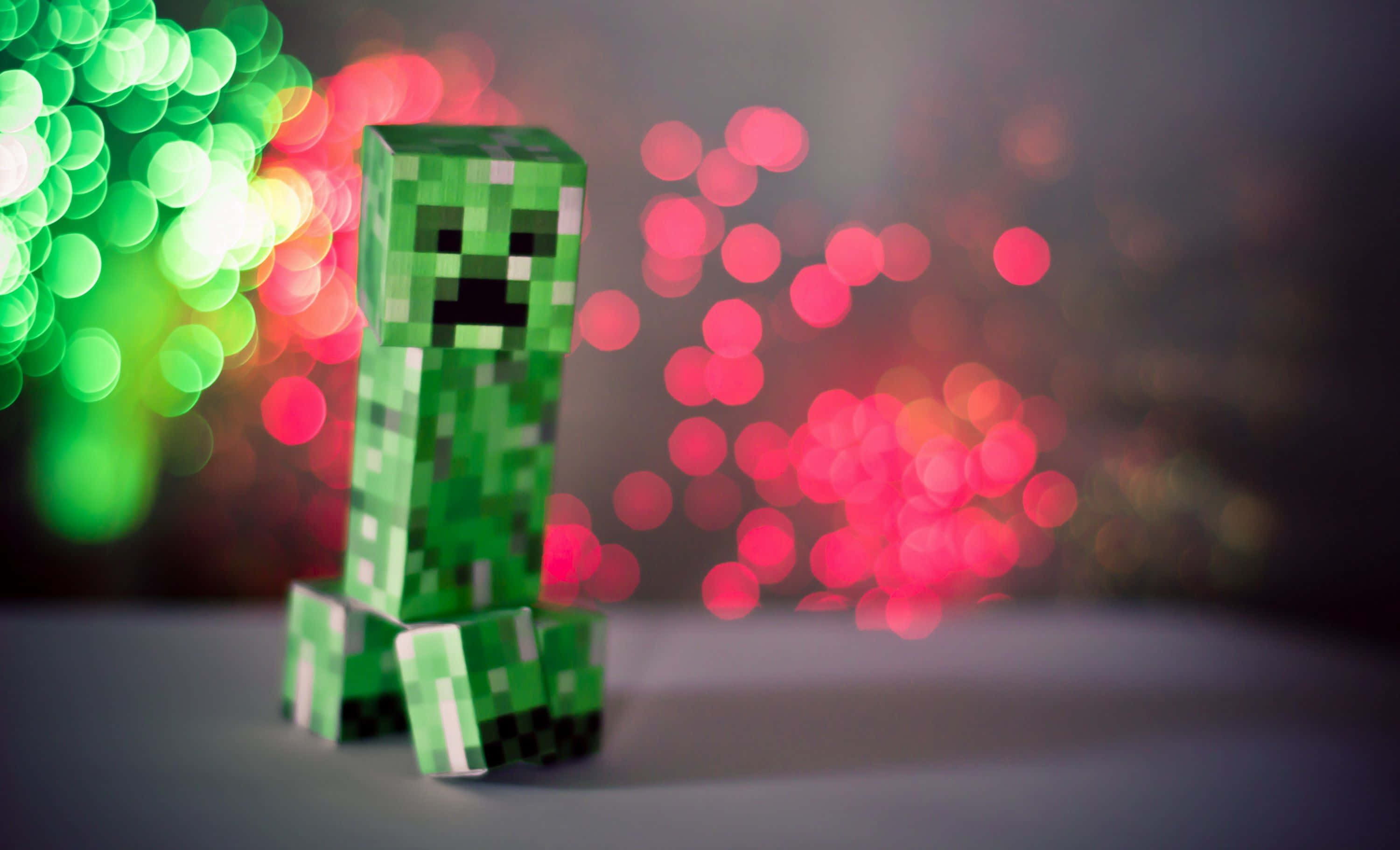 Cute Minecraft, green pixelated creeper figurine, colorful bokeh lights, 2K Desktop Wallpaper