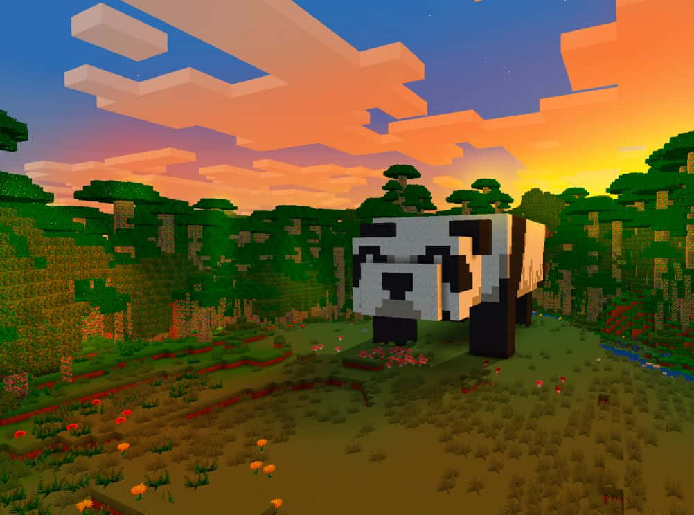 Minecraft, pixelated panda, blocky forest, SD Desktop Wallpaper