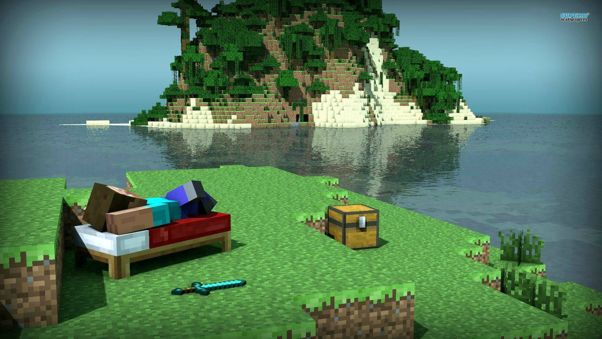 Minecraft, island, bed chest, Full HD Desktop Wallpaper