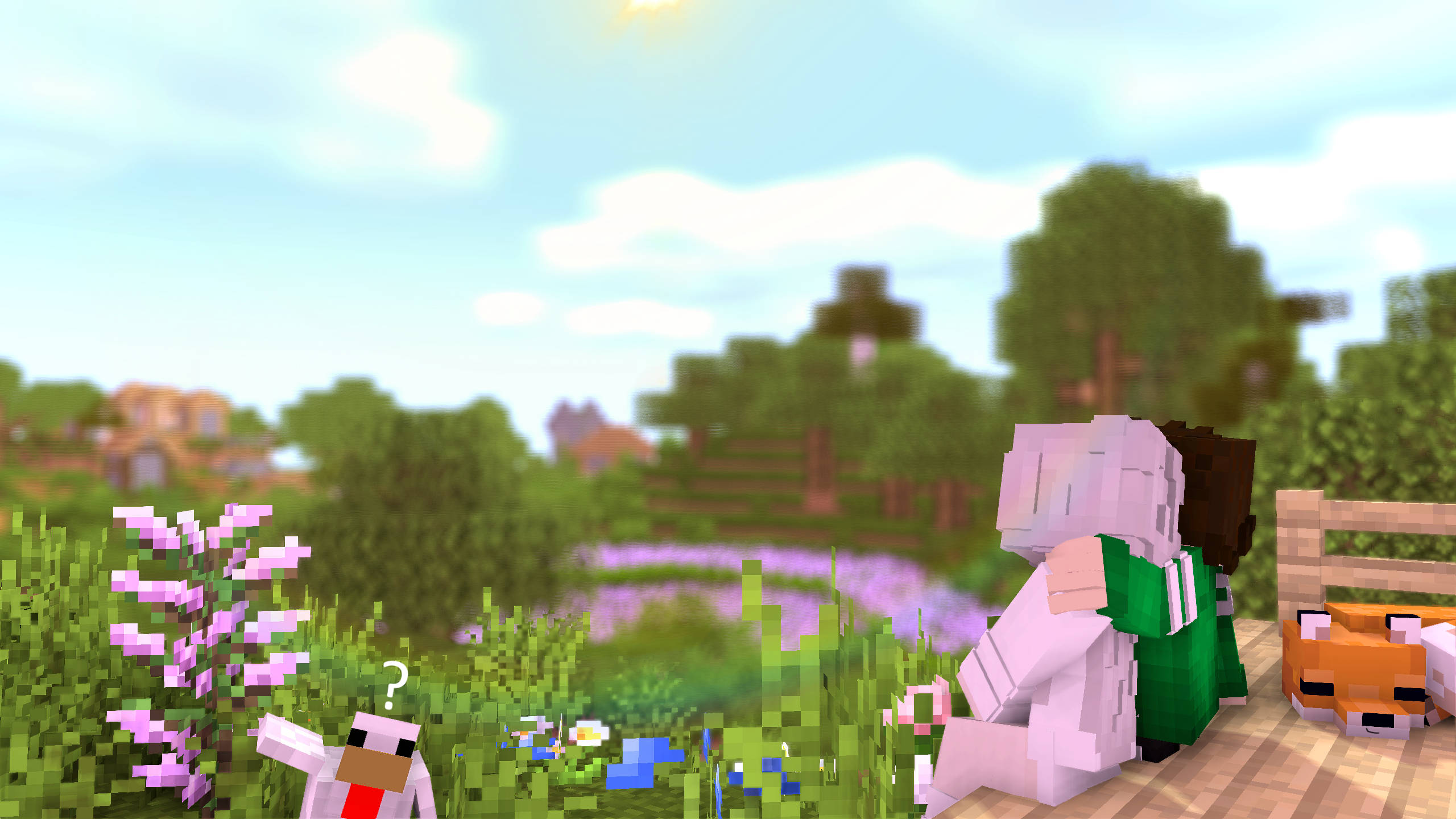 Minecraft, pixelated meadow, purple flowers, 2K Desktop Wallpaper