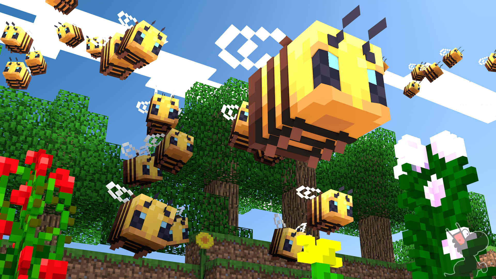 Minecraft, pixelated bees, blocky trees, Full HD Desktop Wallpaper