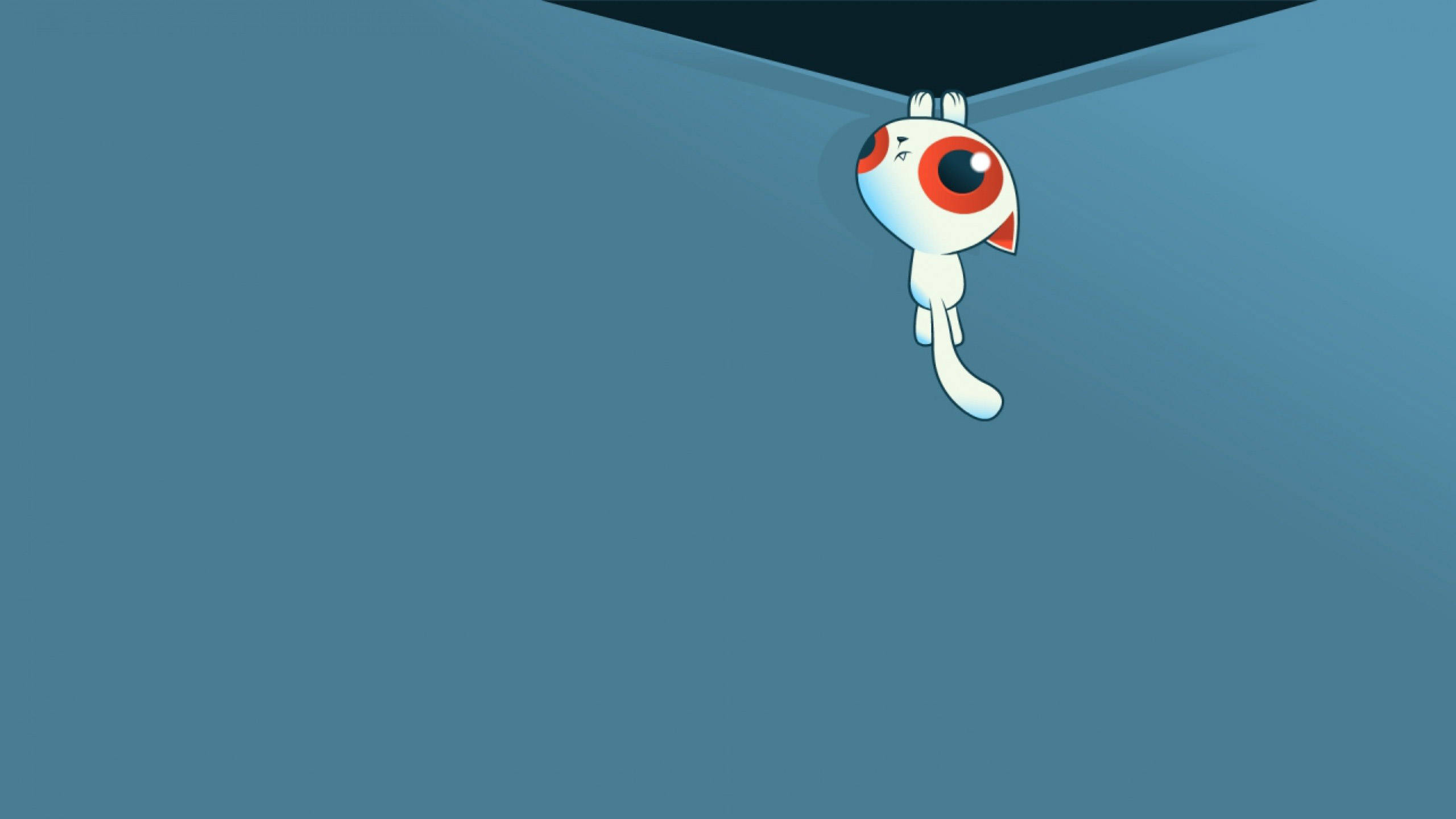 white cartoon cat, single large red eye, dark ceiling, 2K Desktop Wallpaper