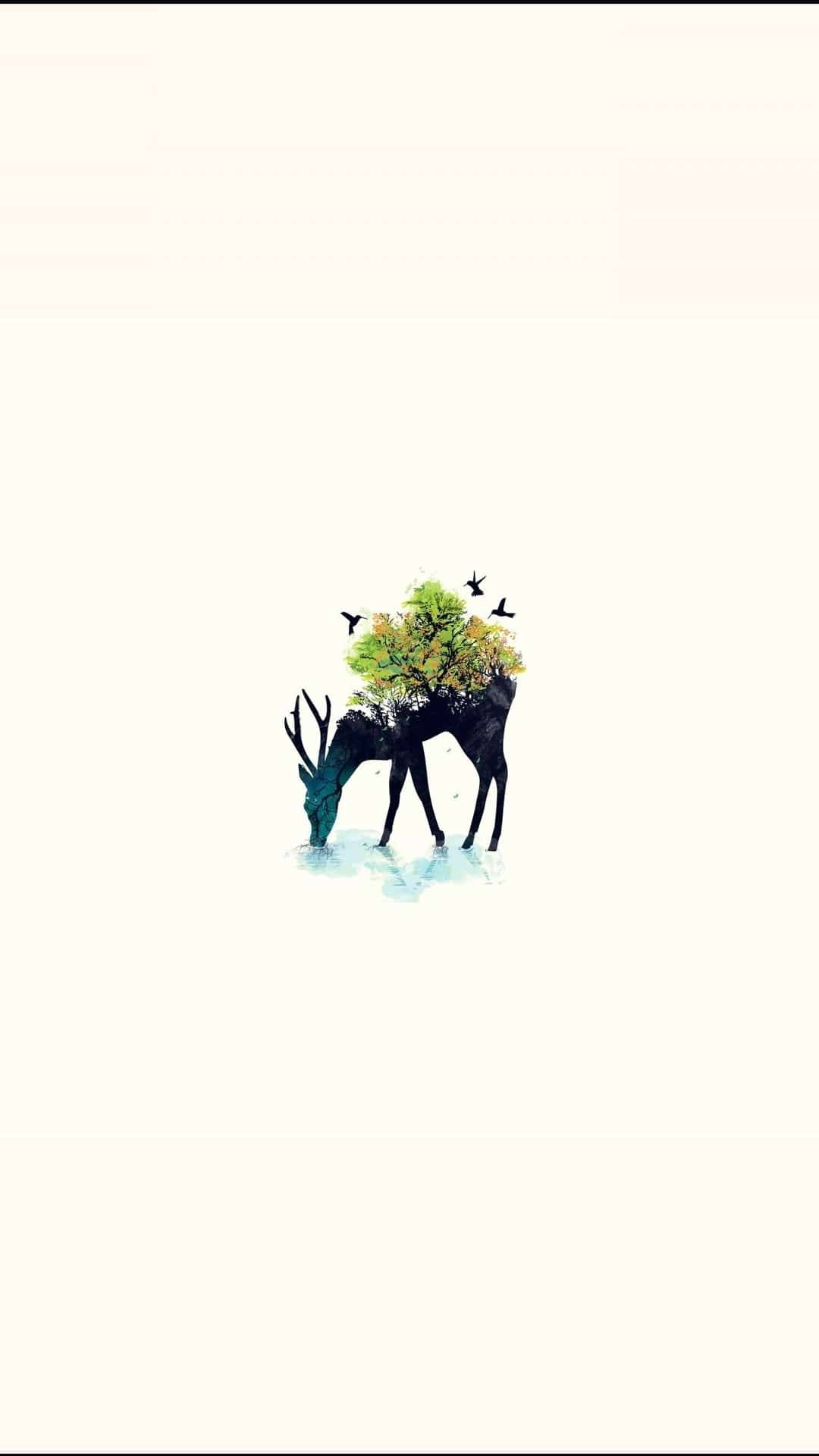 deer, vibrant green tree, shallow water, Full HD Phone Wallpaper