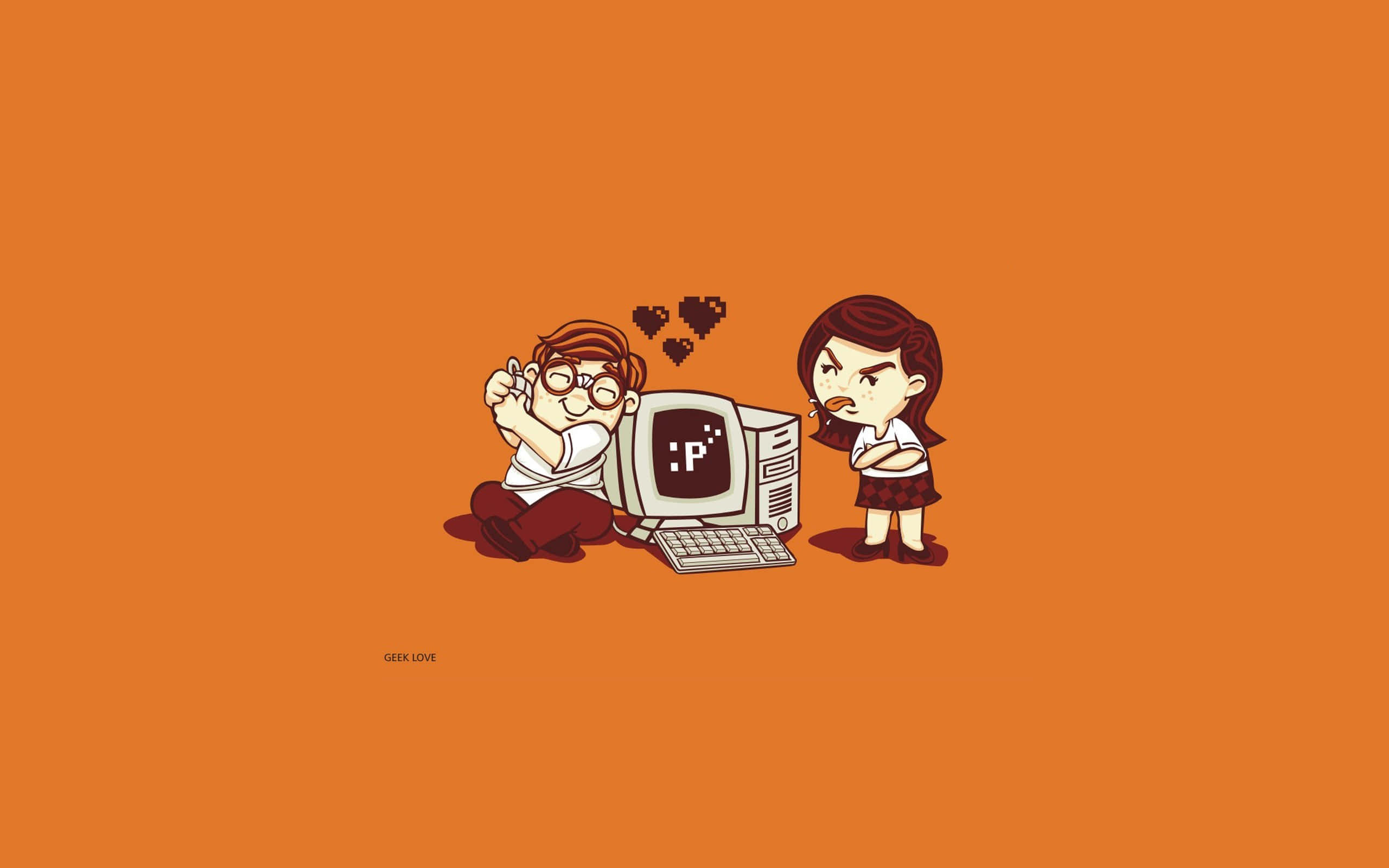 geek boy, old computer, girl, 2K Desktop Wallpaper
