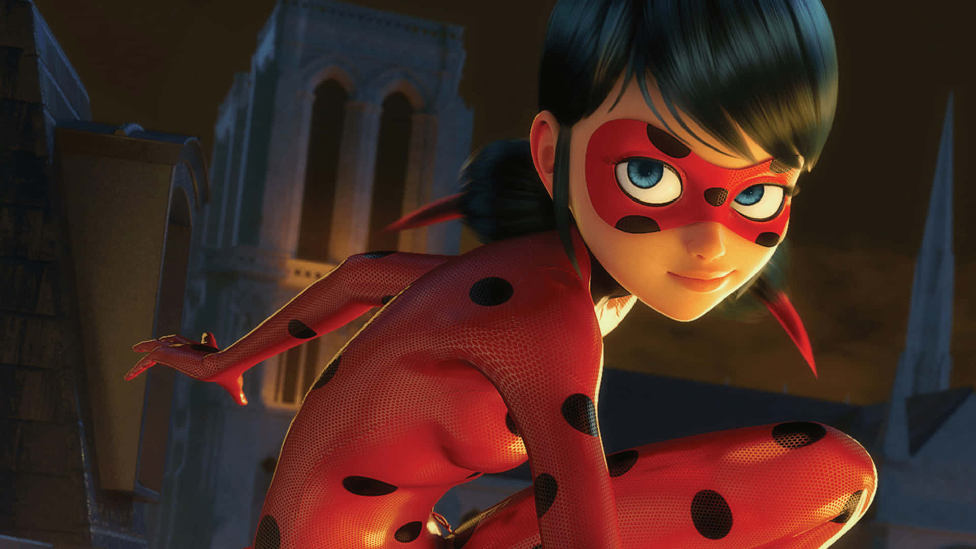 Cute Miraculous Ladybug, red and black spotted superhero suit, rooftop, Full HD Desktop Wallpaper