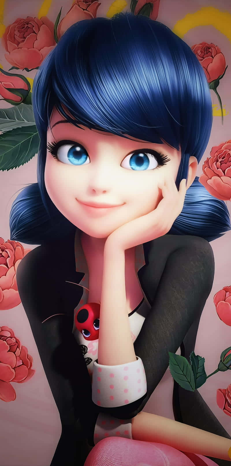 Cute Miraculous Ladybug, blue hair, pink roses, HD Phone Wallpaper
